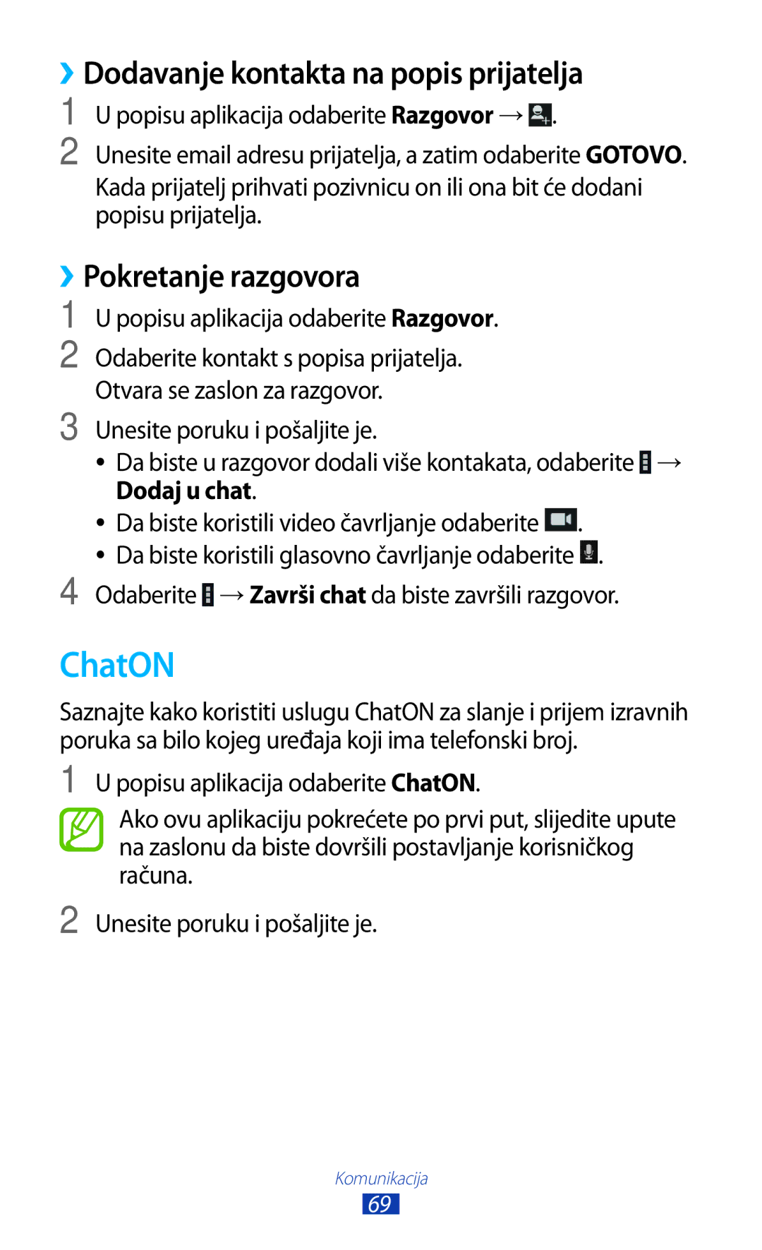 Samsung GT-P3100TSETRA, GT-P3100ZWATRA manual ChatON, ››Dodavanje kontakta na popis prijatelja, ››Pokretanje razgovora 