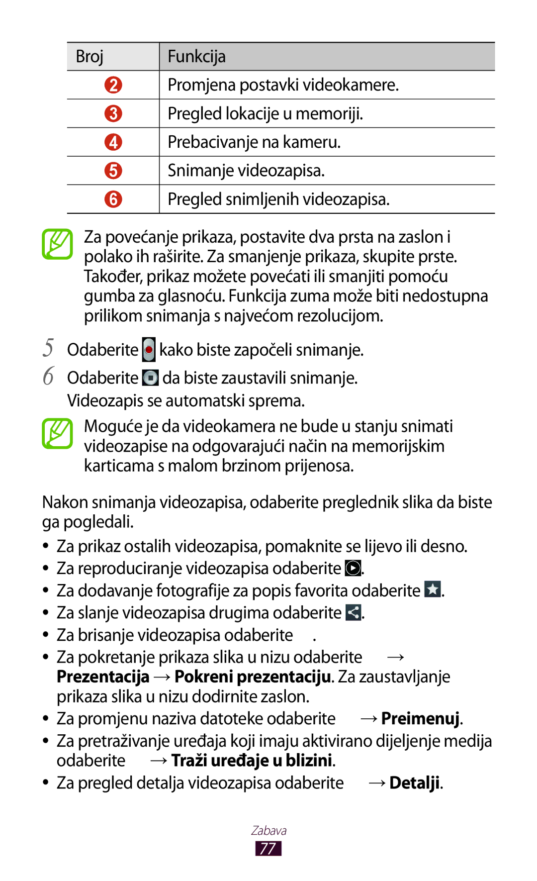 Samsung GT-P3100TSETRA, GT-P3100ZWATRA, GT-P3100ZWAVIP, GT-P3100TSEVIP, GT-P3100TSASMO Odaberite kako biste započeli snimanje 