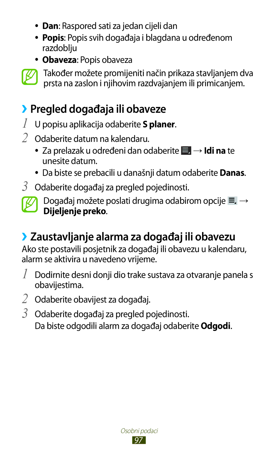 Samsung GT-P3100ZWAVIP, GT-P3100ZWATRA manual ››Pregled događaja ili obaveze, ››Zaustavljanje alarma za događaj ili obavezu 