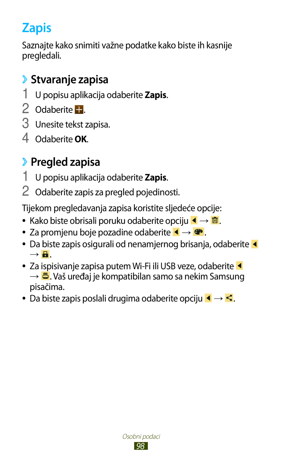 Samsung GT-P3100TSEVIP, GT-P3100ZWATRA, GT-P3100ZWAVIP, GT-P3100TSASMO manual Zapis, ››Stvaranje zapisa, ››Pregled zapisa 