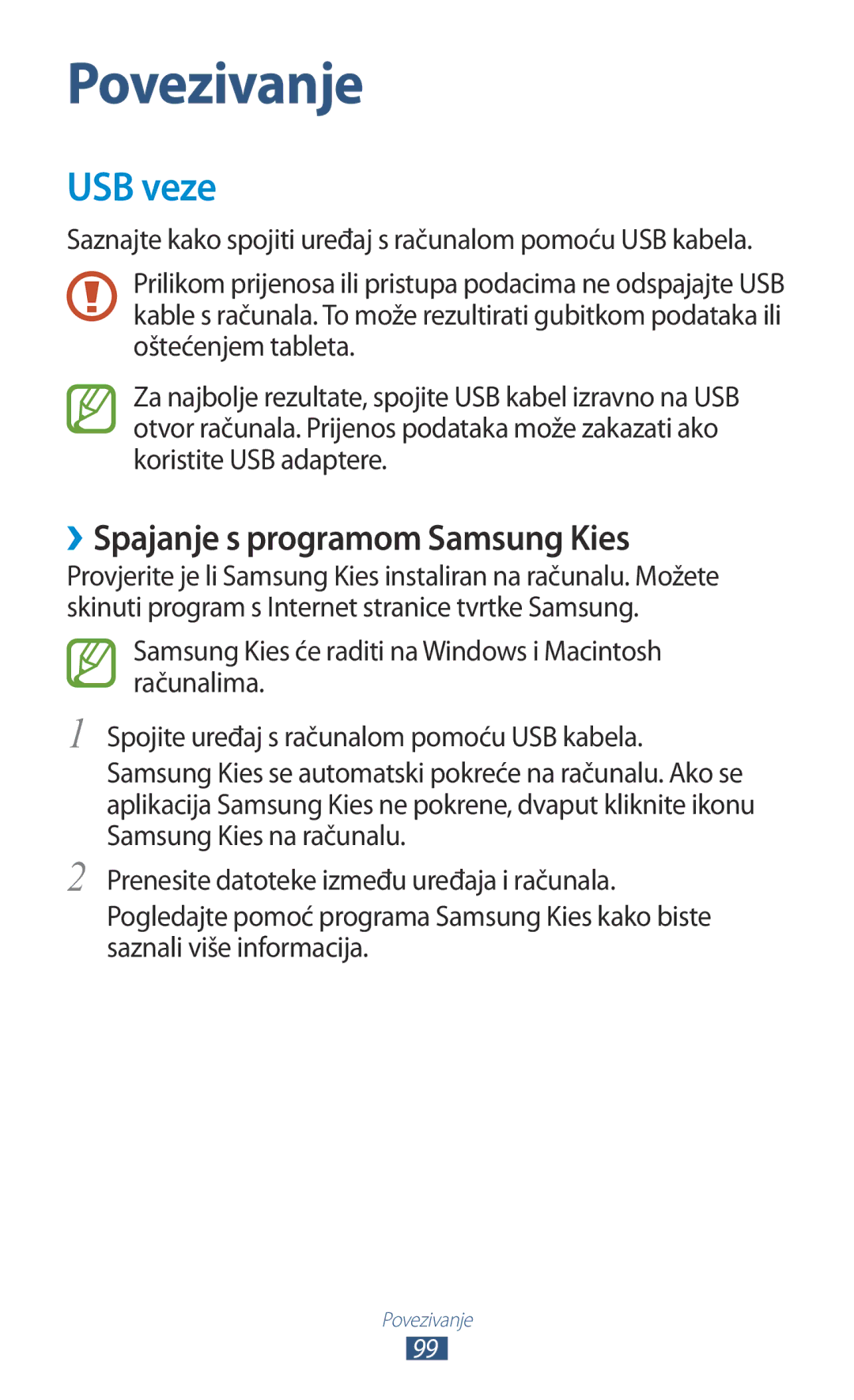 Samsung GT-P3100TSASMO, GT-P3100ZWATRA, GT-P3100ZWAVIP, GT-P3100TSEVIP manual USB veze, ››Spajanje s programom Samsung Kies 