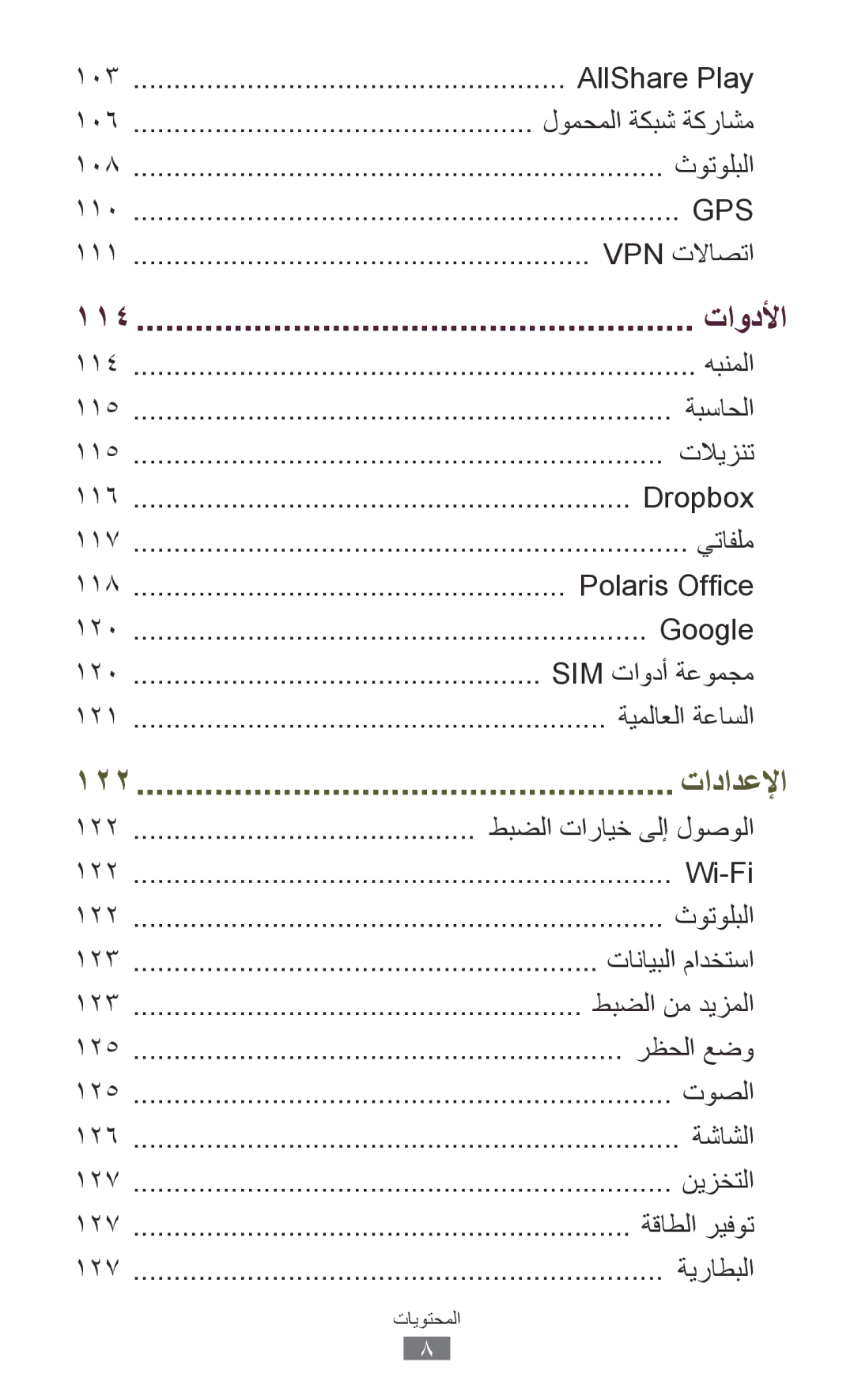 Samsung GT-P3100TSAABS manual هبنملا, ةبساحلا, تلايزنت, Dropbox, يتافلم, Polaris Office, Google, Sim تاودأ ةعومجم, ثوتولبلا 