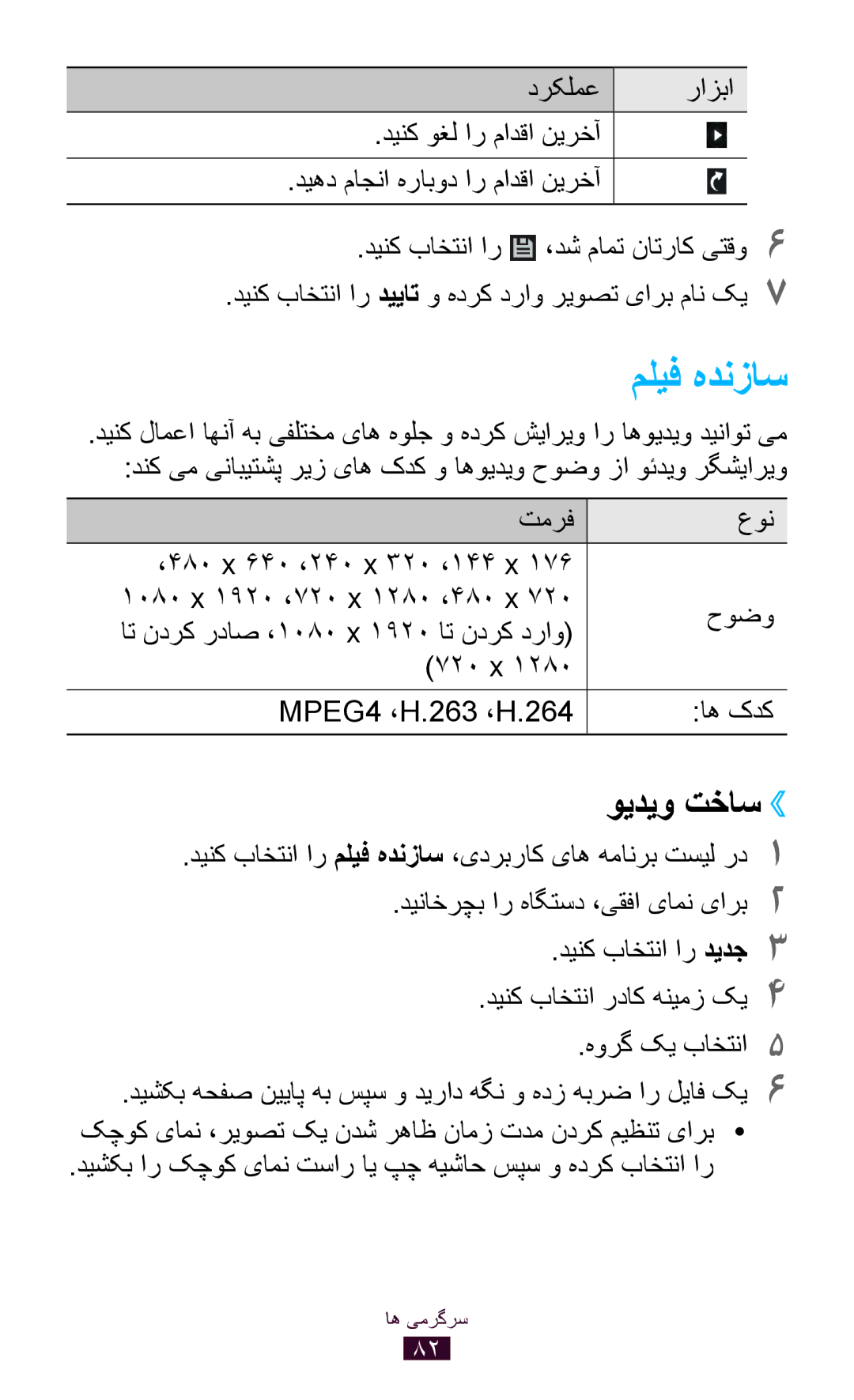 Samsung GT-P3100TSETHR, GT-P3100ZWEJED, GT-P3100TSAMRT, GT-P3100TSAJED, GT-P3100ZWAAFG manual مليف هدنزاس, ویدیو تخاس›› 