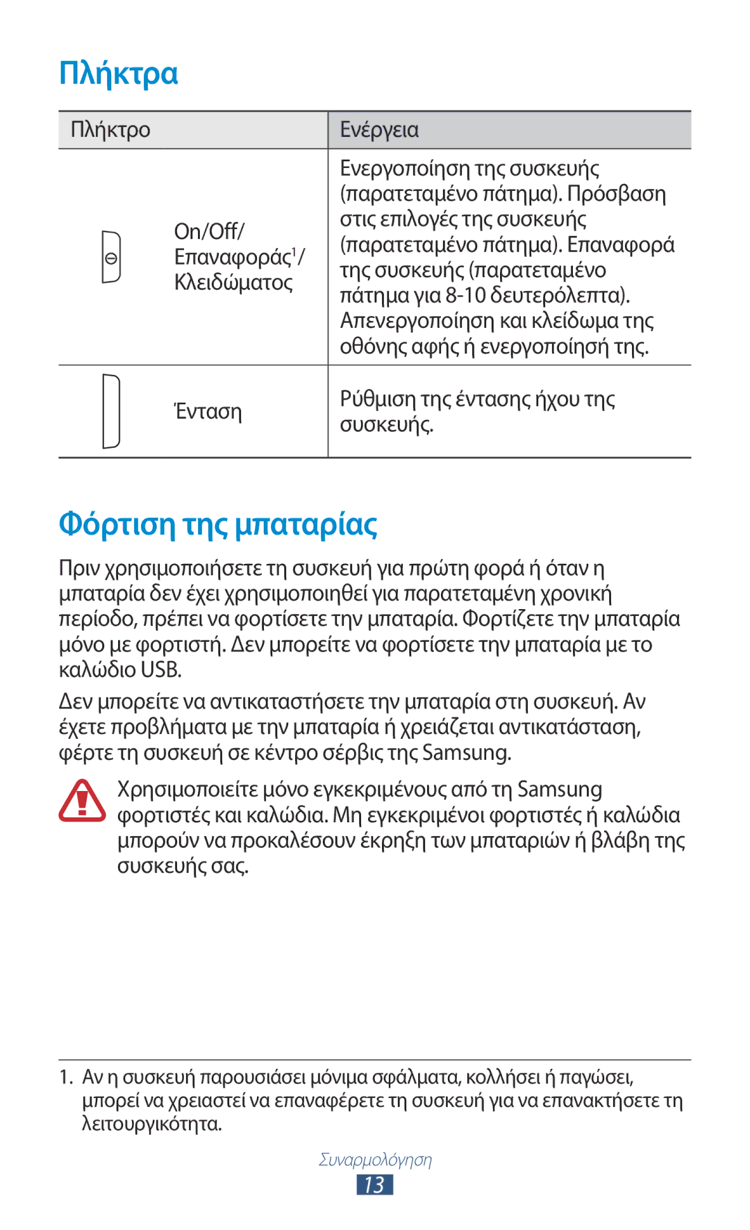 Samsung GT-P3110TSEEUR, GT-P3110TSAEUR, GT-P3110TSACYV, GT-P3110ZWACYV, GT-P3110ZWEEUR manual Πλήκτρα, Φόρτιση της μπαταρίας 