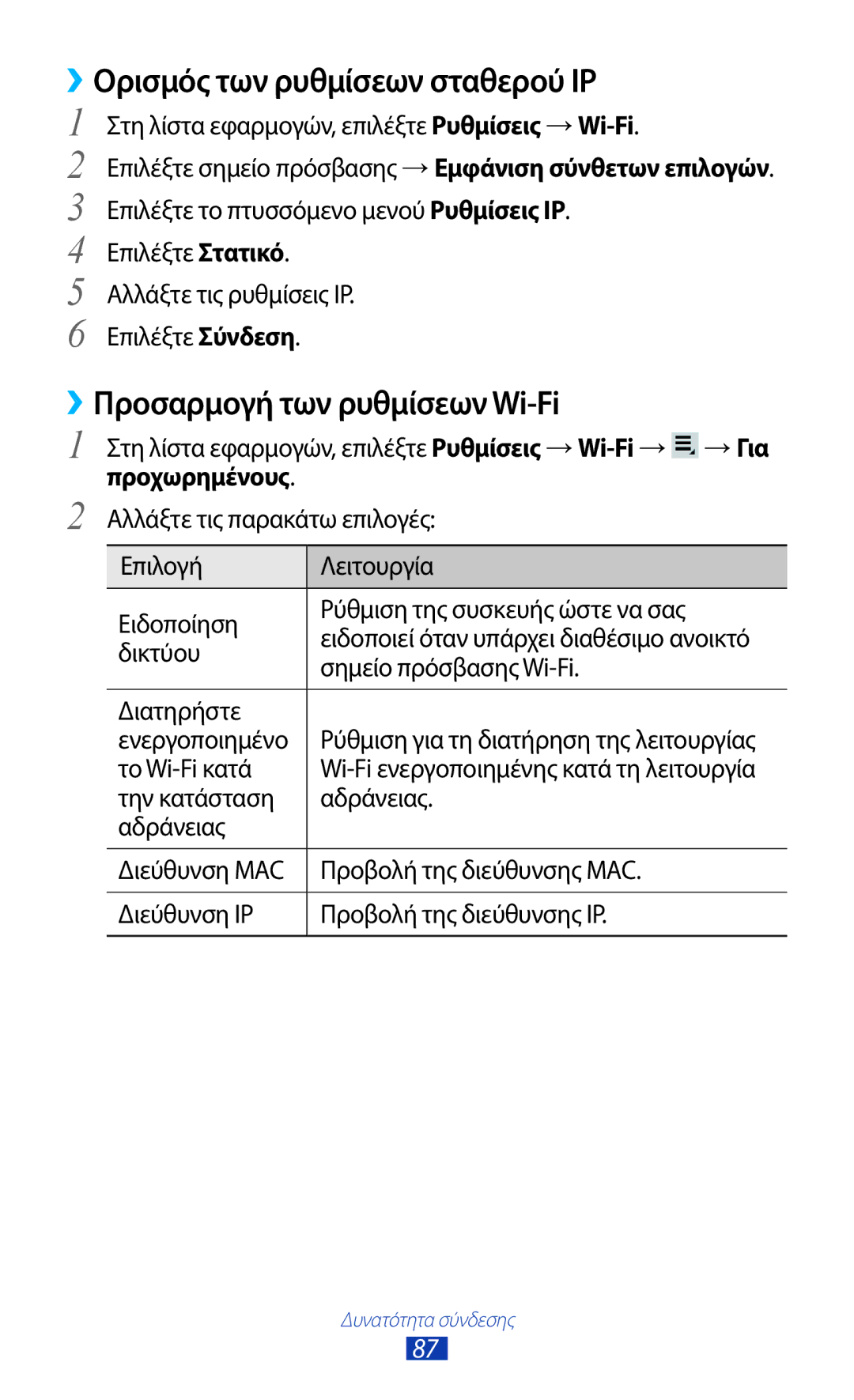 Samsung GT-P3110ZWACYV, GT-P3110TSAEUR manual ››Ορισμός των ρυθμίσεων σταθερού IP, ››Προσαρμογή των ρυθμίσεων Wi-Fi 