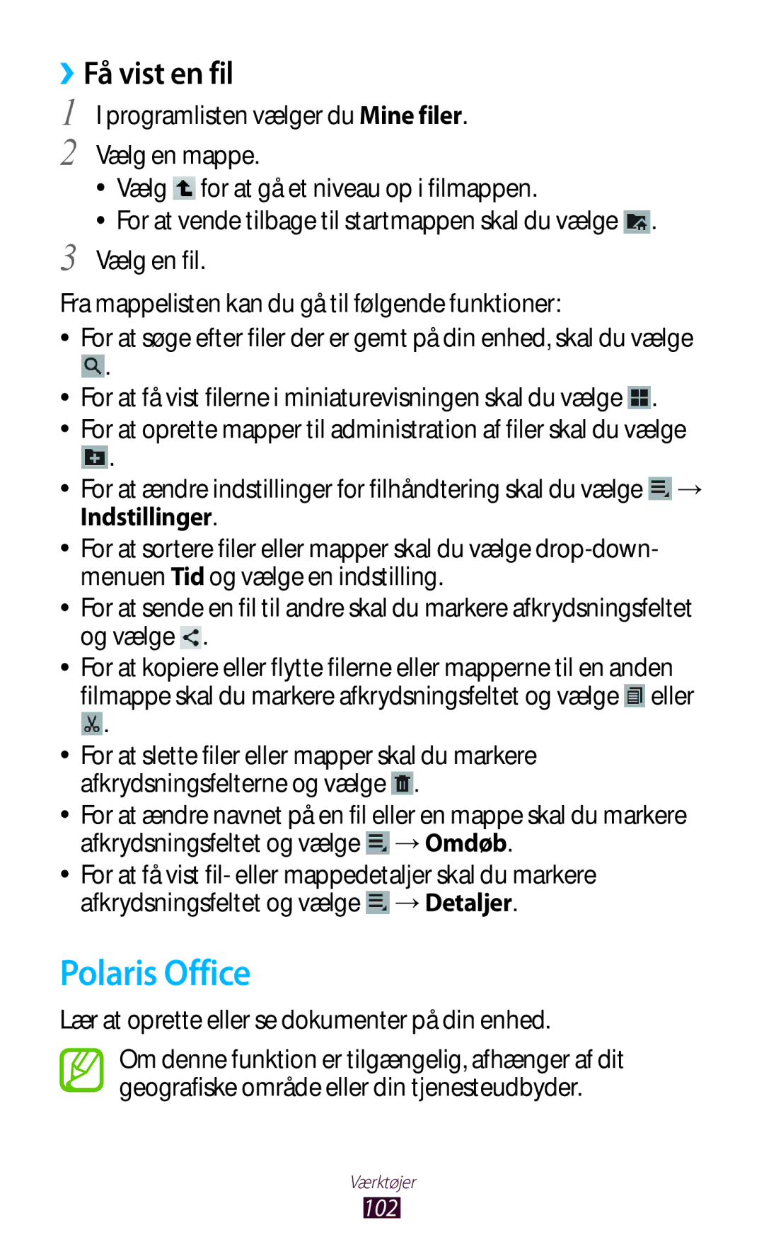 Samsung GT-P3110TSANEE manual Polaris Office, ››Få vist en fil, For at få vist filerne i miniaturevisningen skal du vælge 