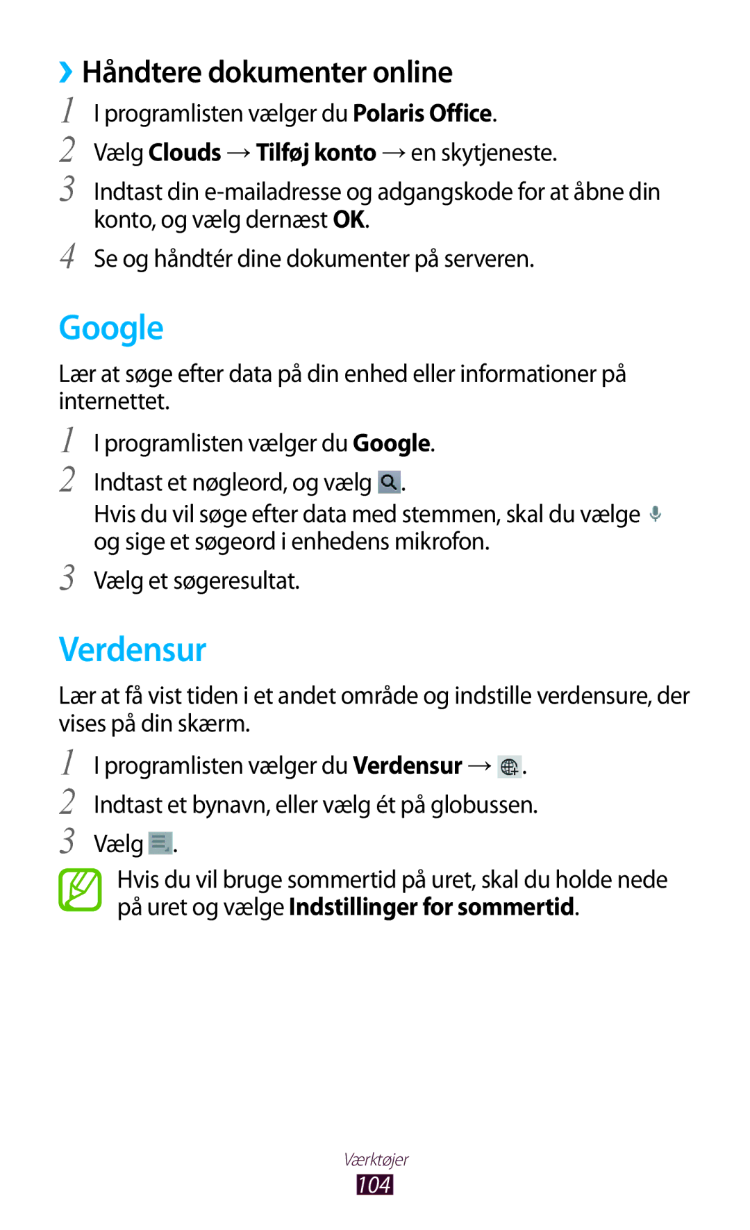 Samsung GT-P3110GRANEE, GT-P3110TSANEE, GT-P3110ZWANEE manual Google, Verdensur, ››Håndtere dokumenter online 