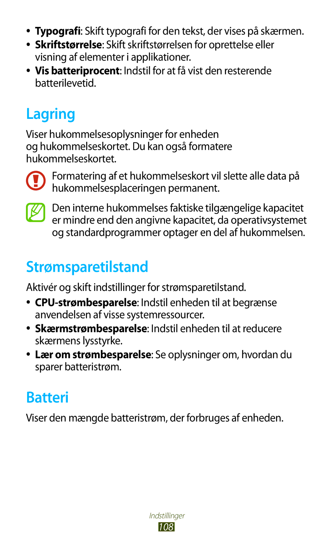 Samsung GT-P3110TSANEE manual Lagring, Strømsparetilstand, Batteri, Aktivér og skift indstillinger for strømsparetilstand 