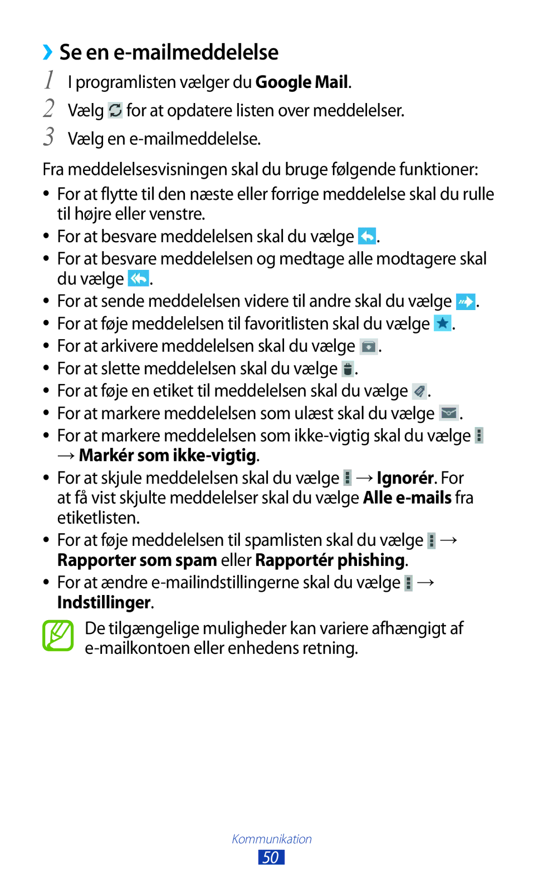 Samsung GT-P3110GRANEE manual Se en e-mailmeddelelse, Programlisten vælger du Google Mail, Vælg en e-mailmeddelelse 