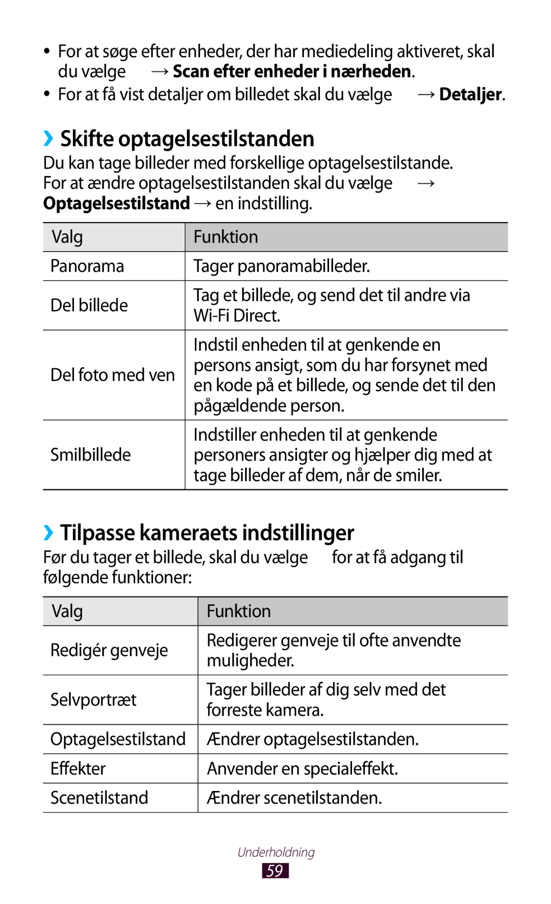 Samsung GT-P3110GRANEE, GT-P3110TSANEE, GT-P3110ZWANEE ››Skifte optagelsestilstanden, ››Tilpasse kameraets indstillinger 