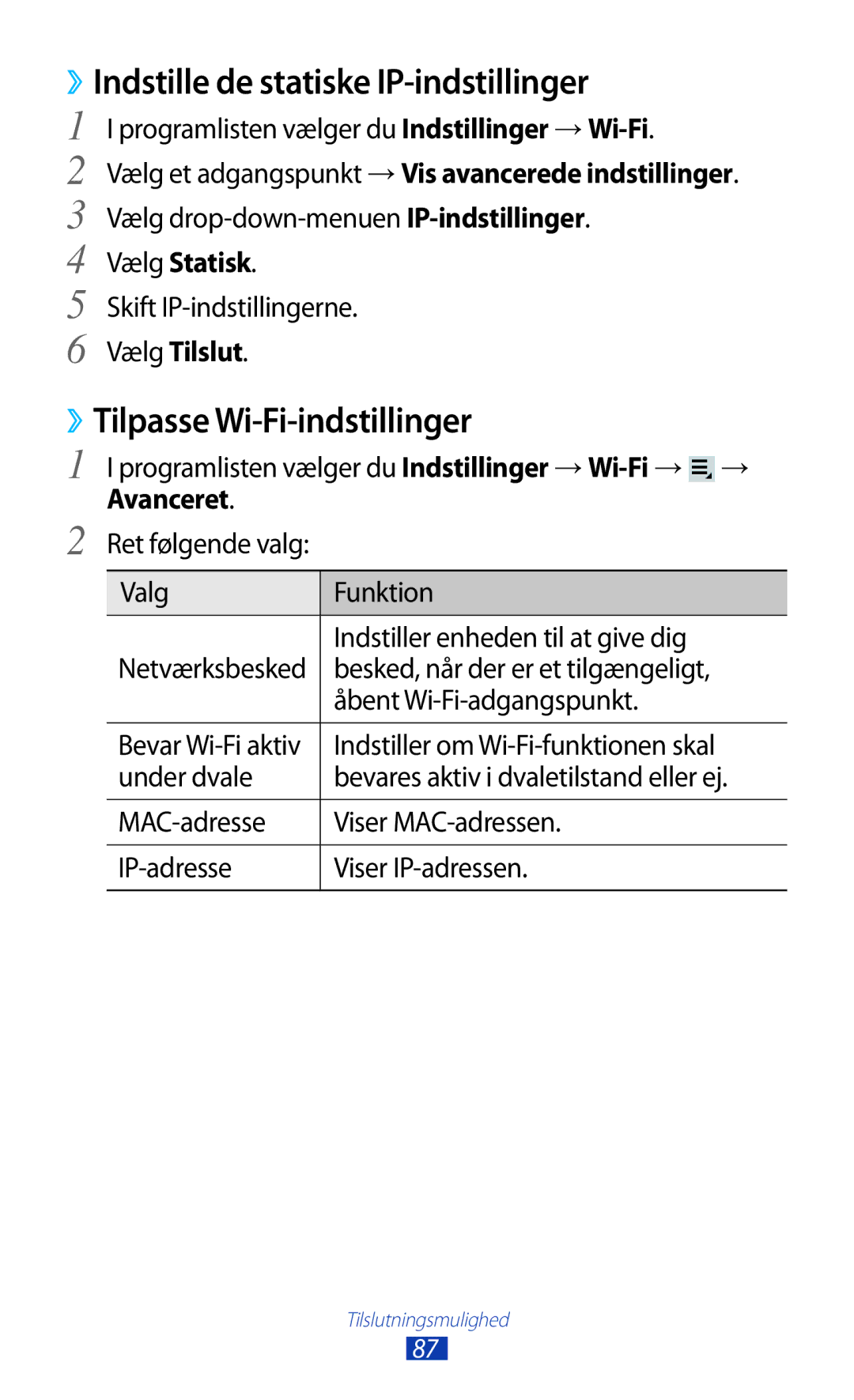 Samsung GT-P3110TSANEE manual ››Indstille de statiske IP-indstillinger, ››Tilpasse Wi-Fi-indstillinger, Vælg Statisk 