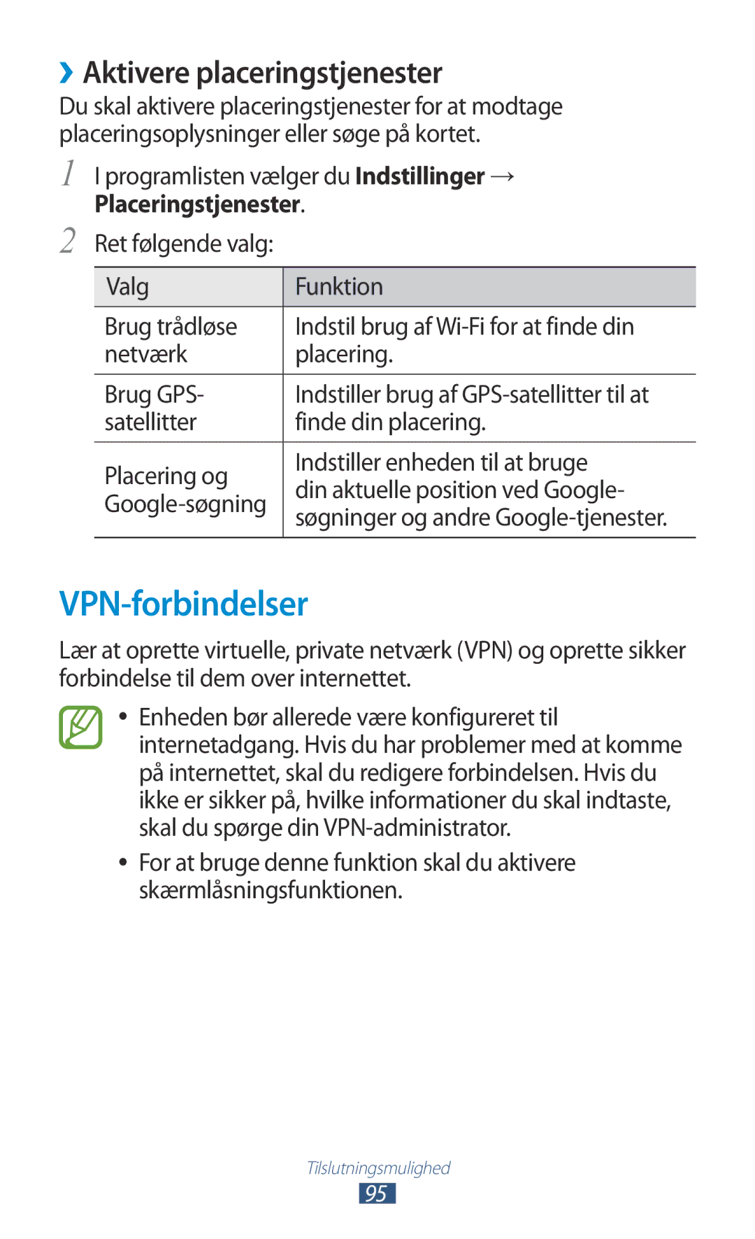 Samsung GT-P3110GRANEE manual VPN-forbindelser, ››Aktivere placeringstjenester, Programlisten vælger du Indstillinger → 