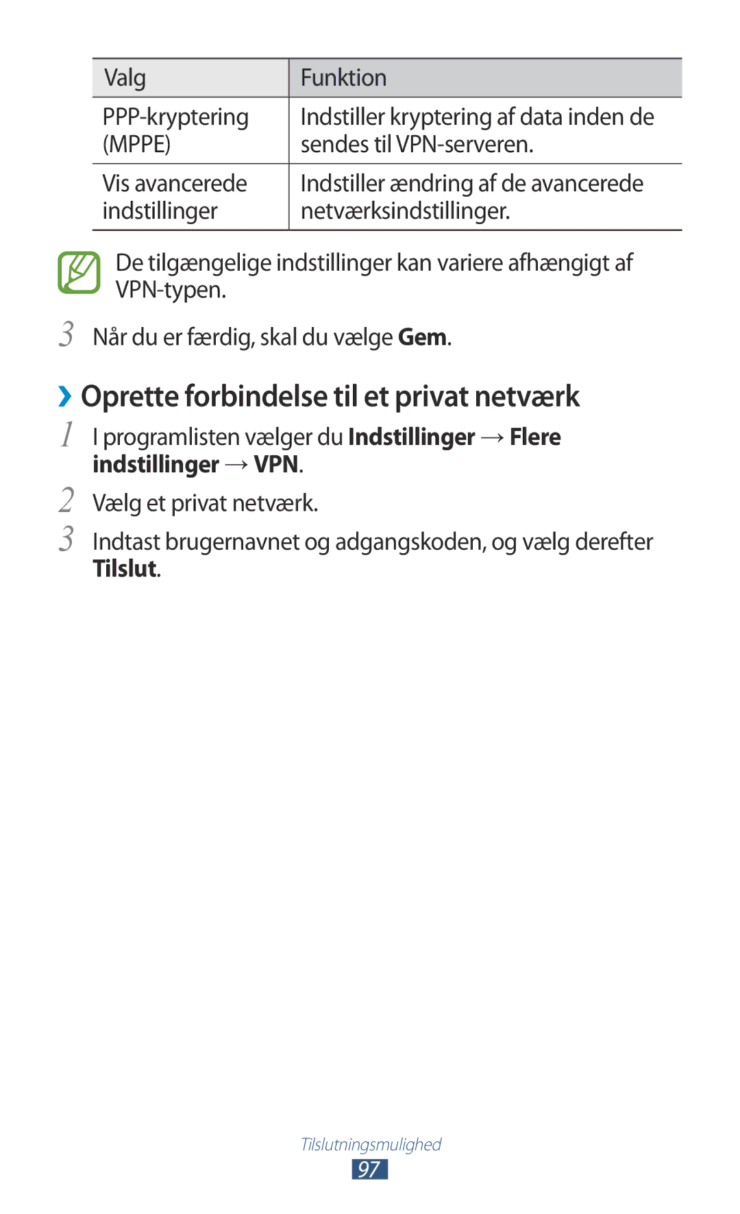 Samsung GT-P3110ZWANEE, GT-P3110TSANEE manual ››Oprette forbindelse til et privat netværk, Indstillinger →VPN, Tilslut 