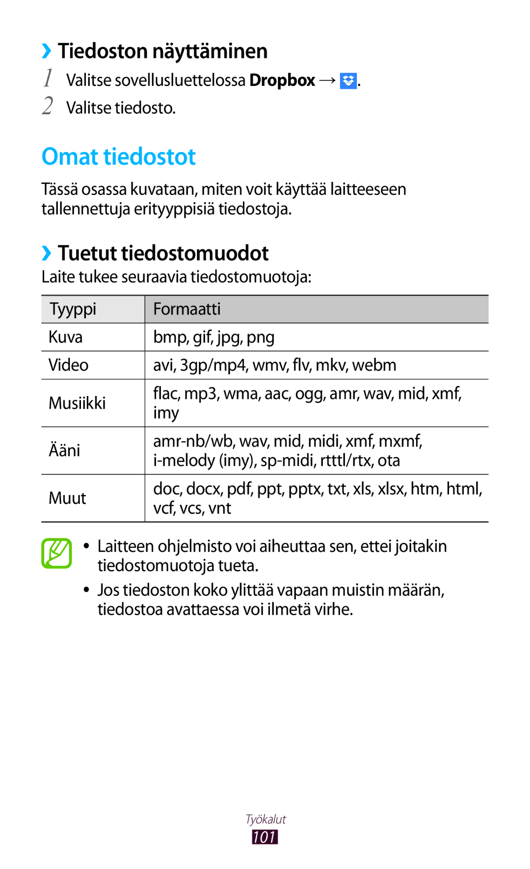 Samsung GT-P3110GRANEE, GT-P3110TSANEE manual Omat tiedostot, ››Tiedoston näyttäminen, ››Tuetut tiedostomuodot, Imy 