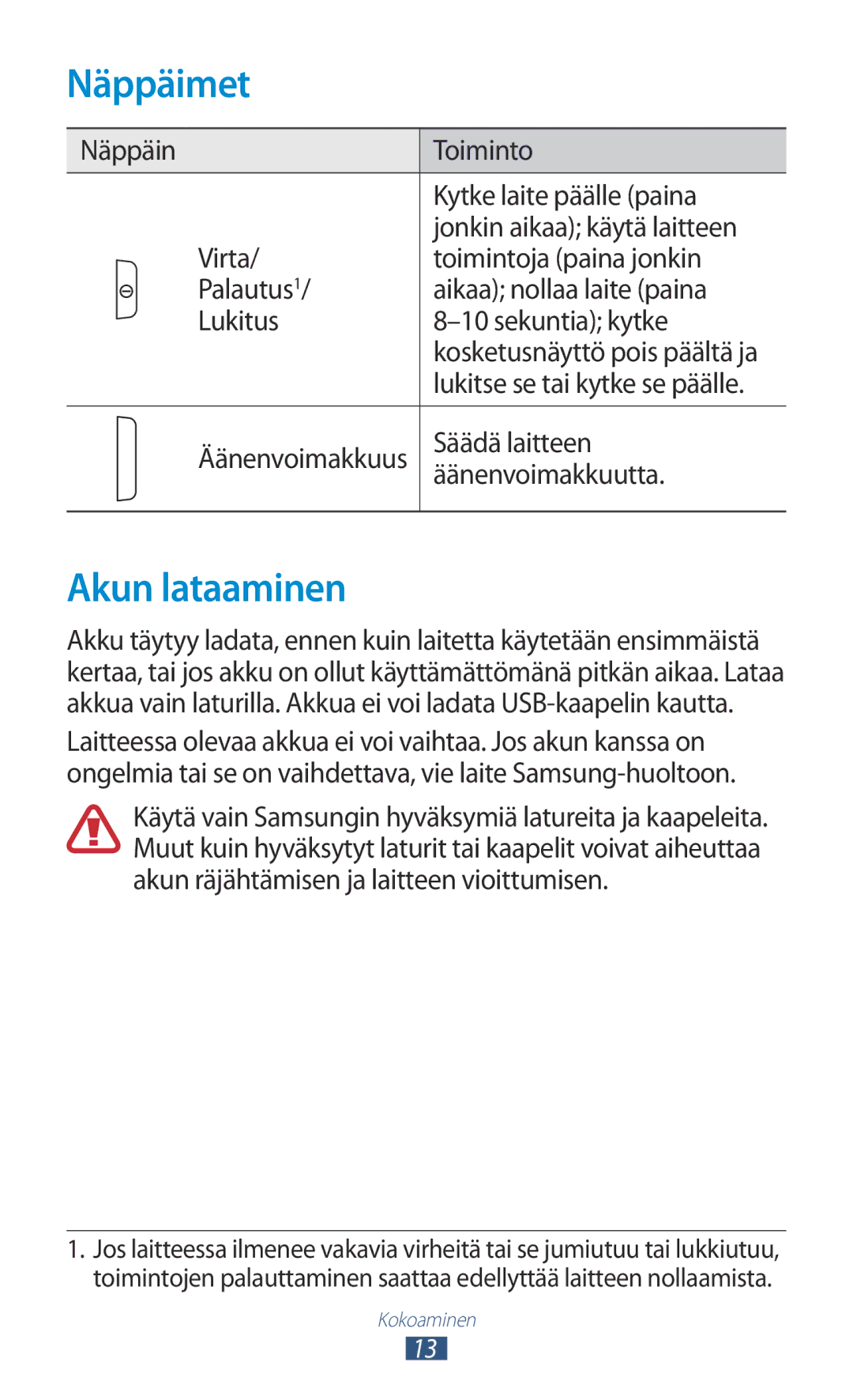 Samsung GT-P3110ZWANEE, GT-P3110TSANEE, GT-P3110GRANEE manual Näppäimet, Akun lataaminen, Säädä laitteen, Äänenvoimakkuutta 