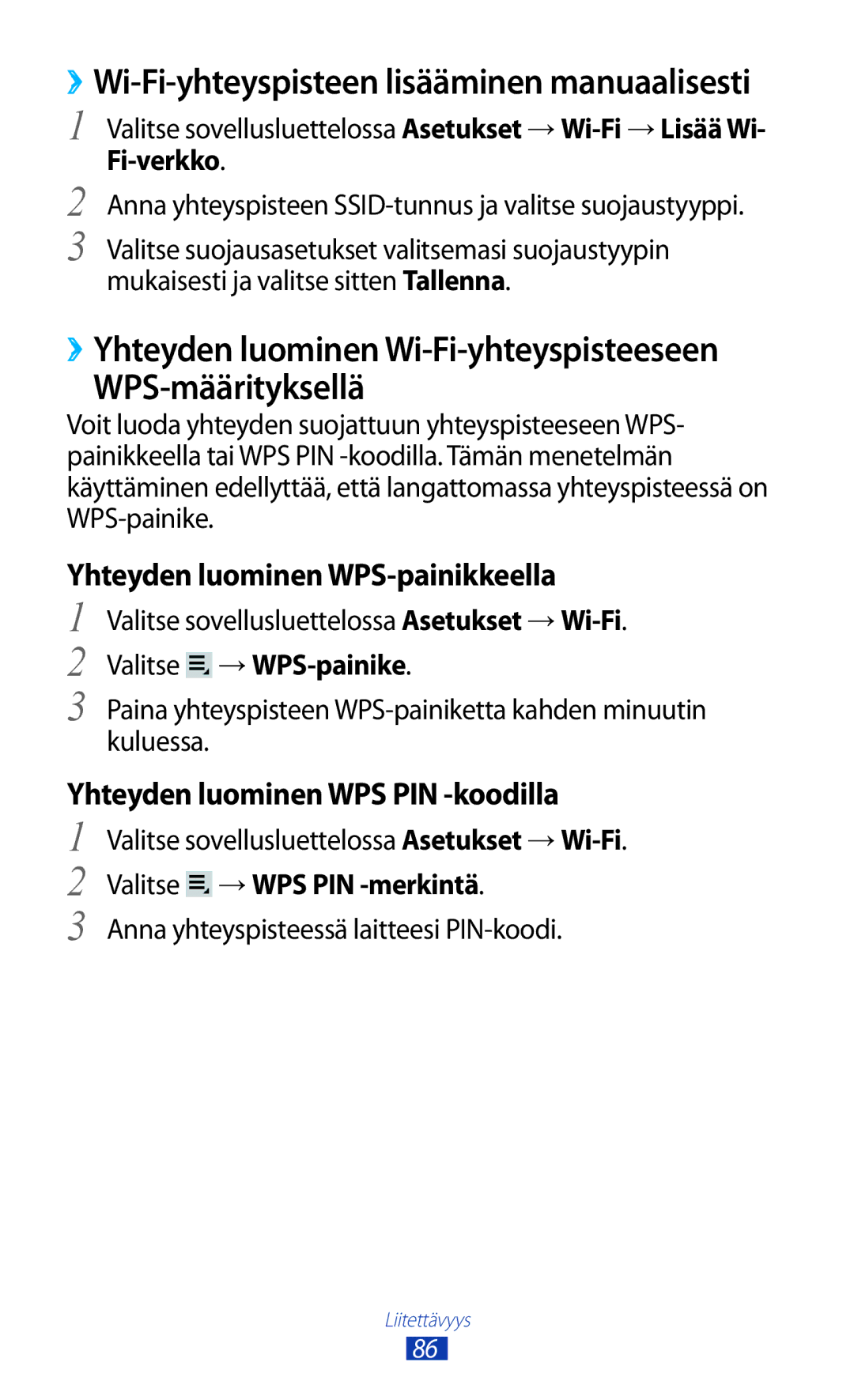 Samsung GT-P3110GRANEE, GT-P3110TSANEE manual WPS-määrityksellä, Fi-verkko, Valitse →WPS-painike, Valitse →WPS PIN -merkintä 