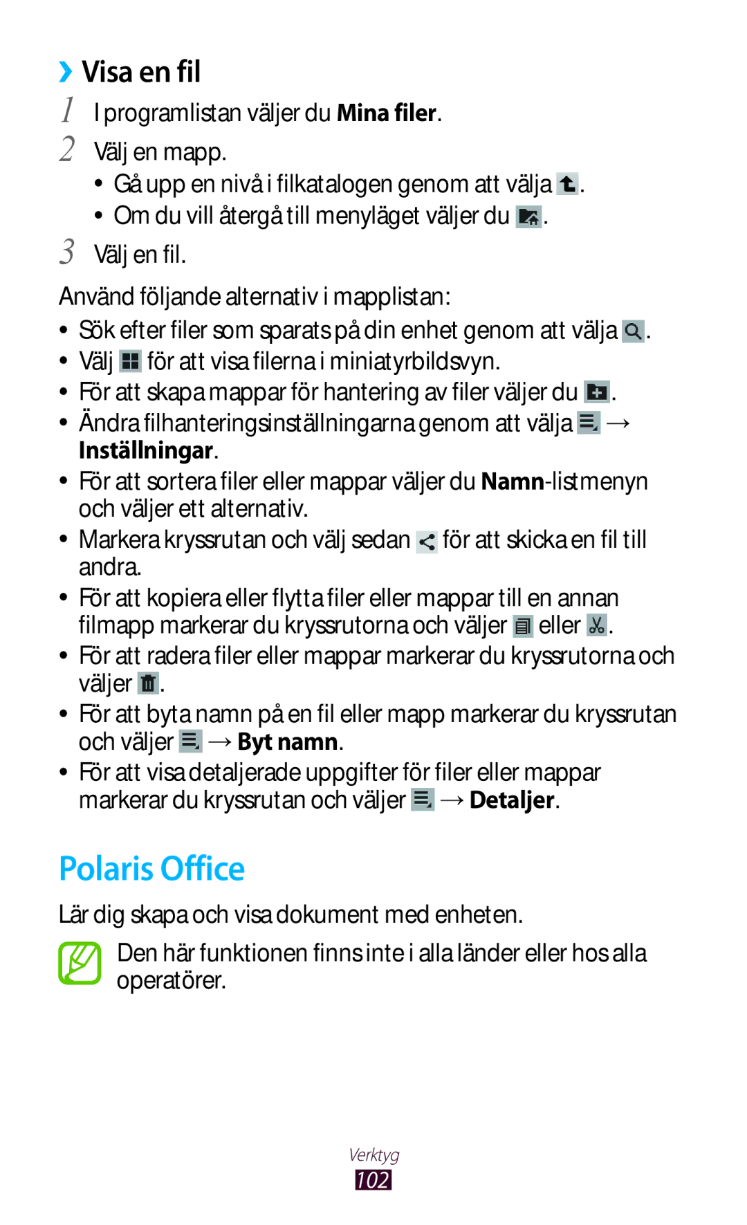 Samsung GT-P3110TSANEE, GT-P3110ZWANEE manual Polaris Office, Välj för att visa filerna i miniatyrbildsvyn, Inställningar 