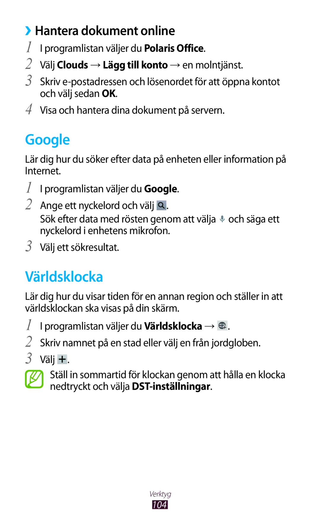 Samsung GT-P3110GRANEE manual Google, Världsklocka, ››Hantera dokument online, Programlistan väljer du Polaris Office 