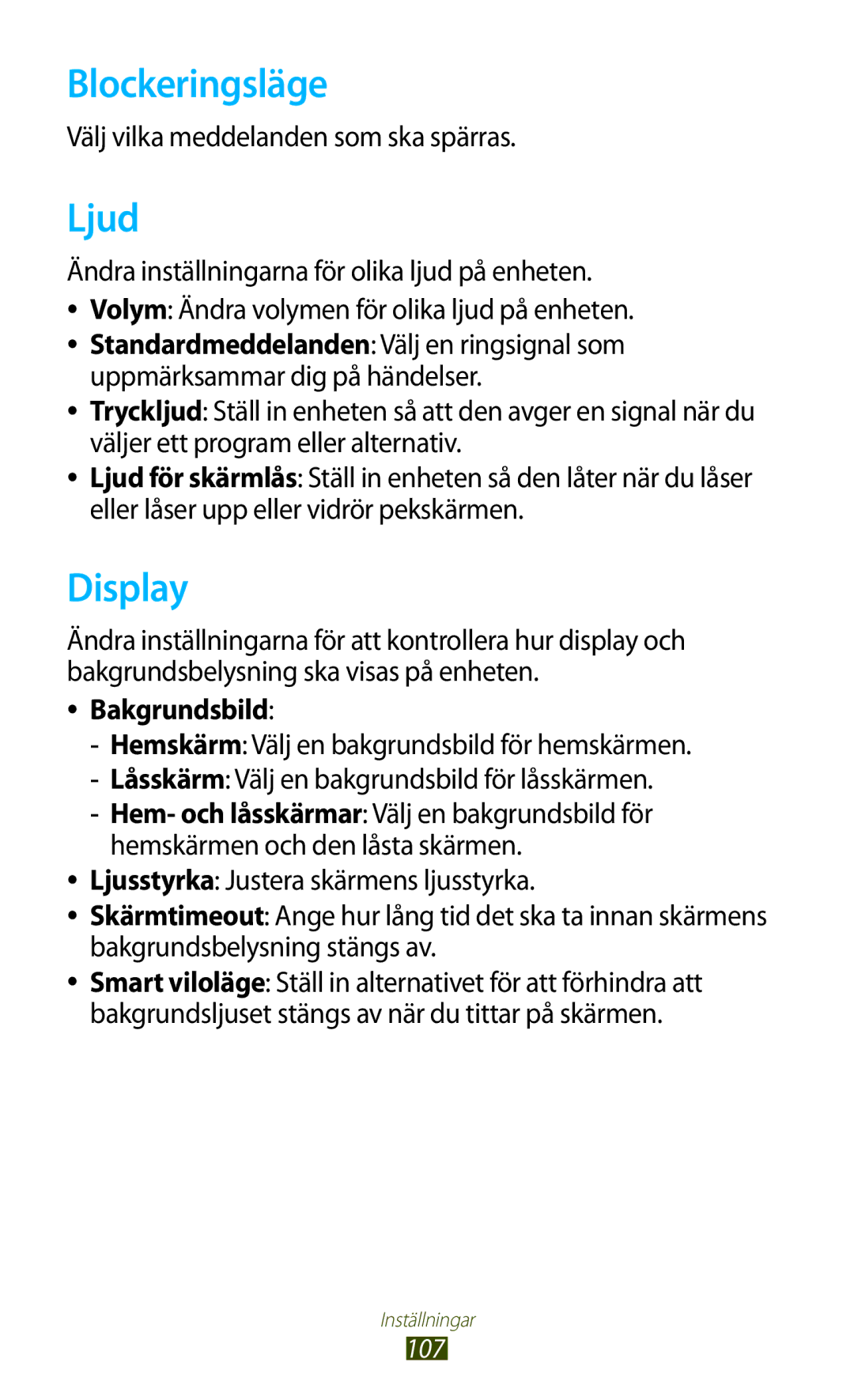 Samsung GT-P3110GRANEE manual Blockeringsläge, Ljud, Display, Välj vilka meddelanden som ska spärras, Bakgrundsbild 