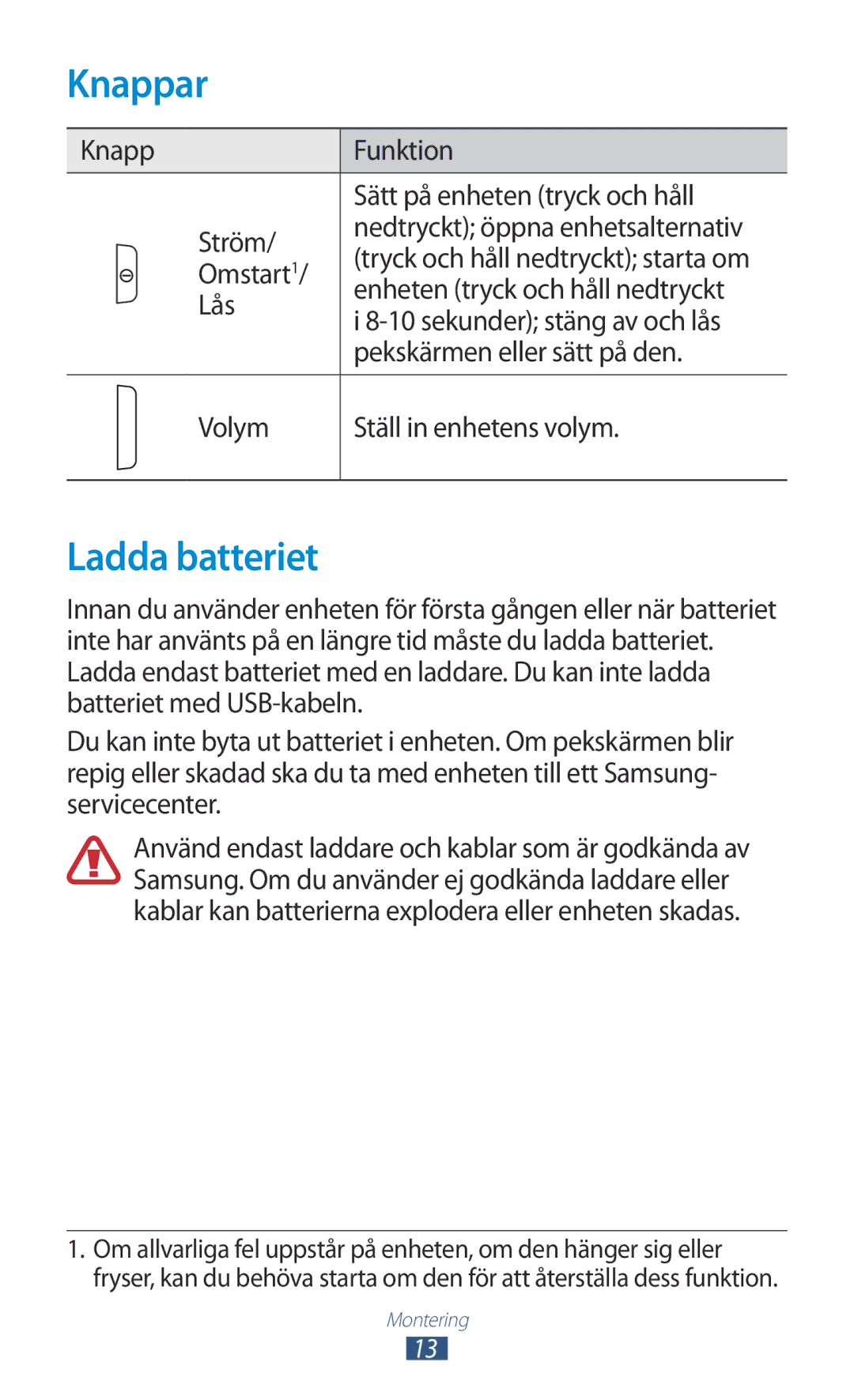 Samsung GT-P3110ZWANEE, GT-P3110TSANEE, GT-P3110GRANEE manual Knappar, Ladda batteriet 