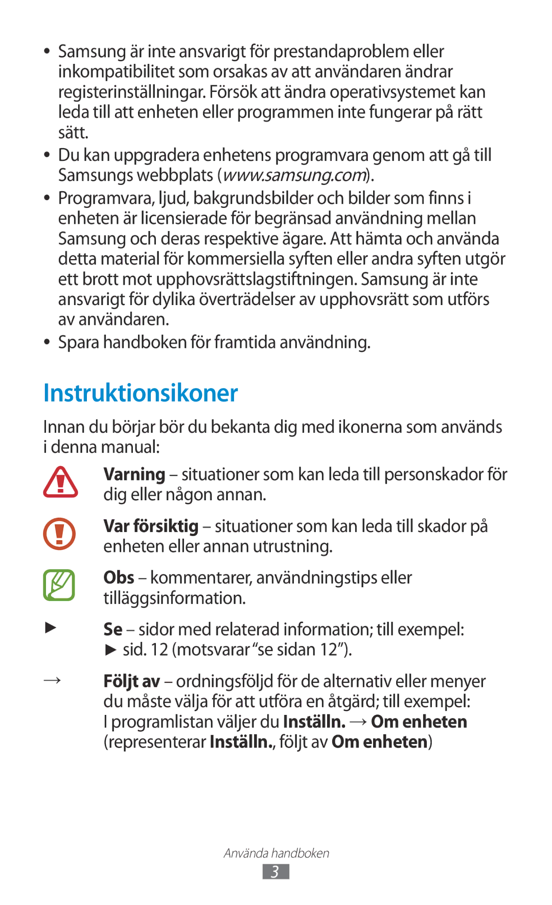 Samsung GT-P3110TSANEE, GT-P3110ZWANEE, GT-P3110GRANEE manual Instruktionsikoner, Spara handboken för framtida användning 