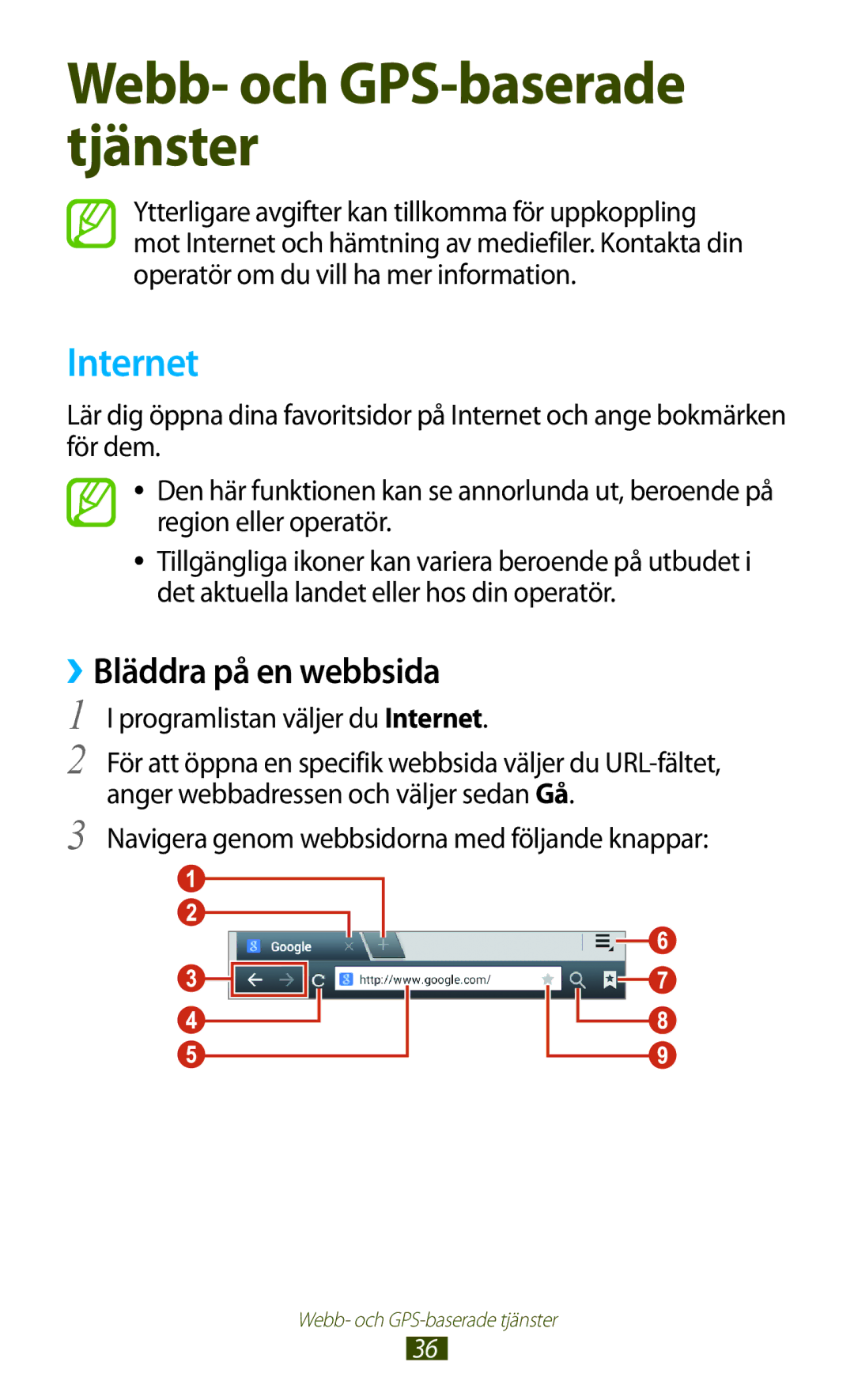 Samsung GT-P3110TSANEE, GT-P3110ZWANEE, GT-P3110GRANEE manual ››Bläddra på en webbsida, Programlistan väljer du Internet 