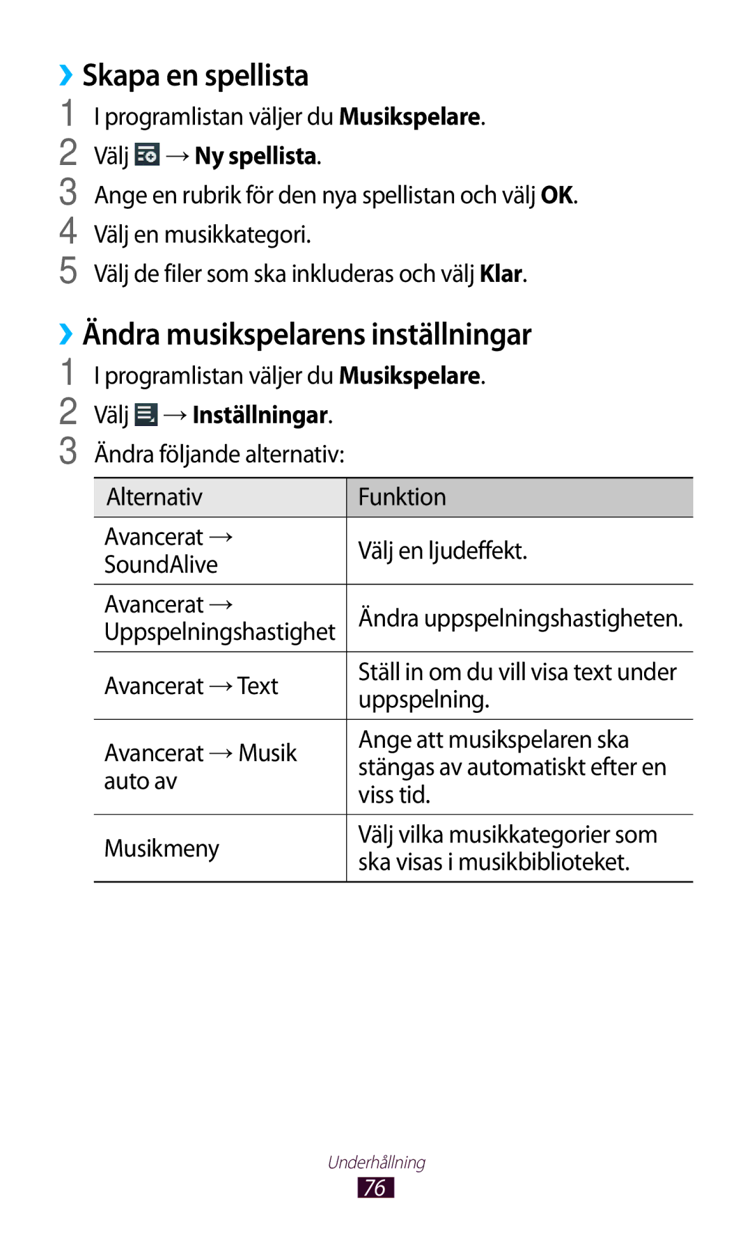 Samsung GT-P3110ZWANEE, GT-P3110TSANEE ››Skapa en spellista, ››Ändra musikspelarens inställningar, Välj →Inställningar 