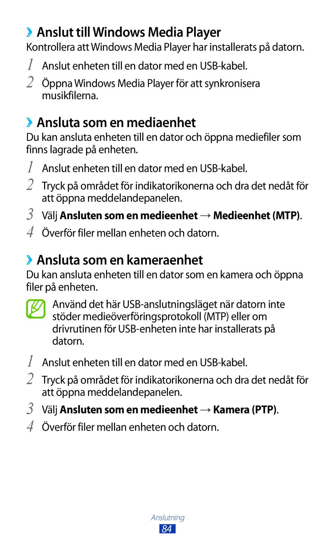 Samsung GT-P3110TSANEE manual ››Anslut till Windows Media Player, ››Ansluta som en mediaenhet, ››Ansluta som en kameraenhet 