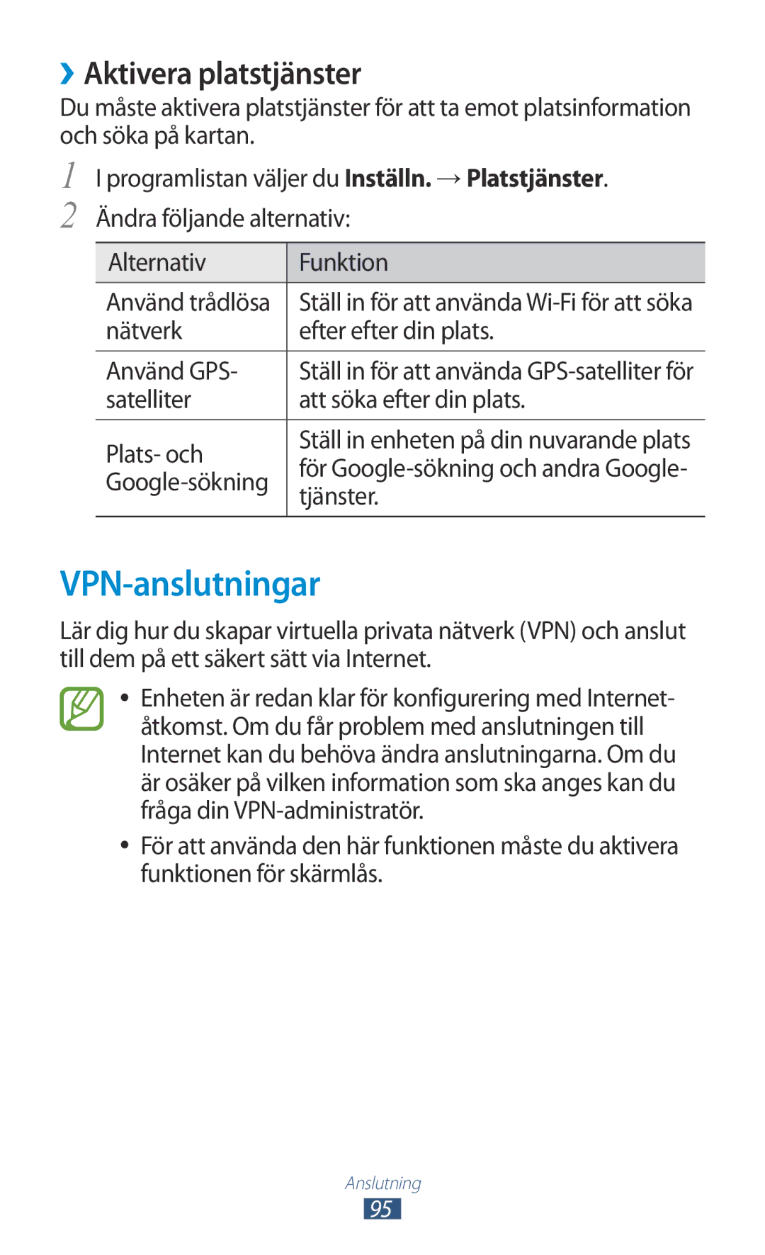 Samsung GT-P3110GRANEE, GT-P3110TSANEE, GT-P3110ZWANEE manual VPN-anslutningar, ››Aktivera platstjänster 