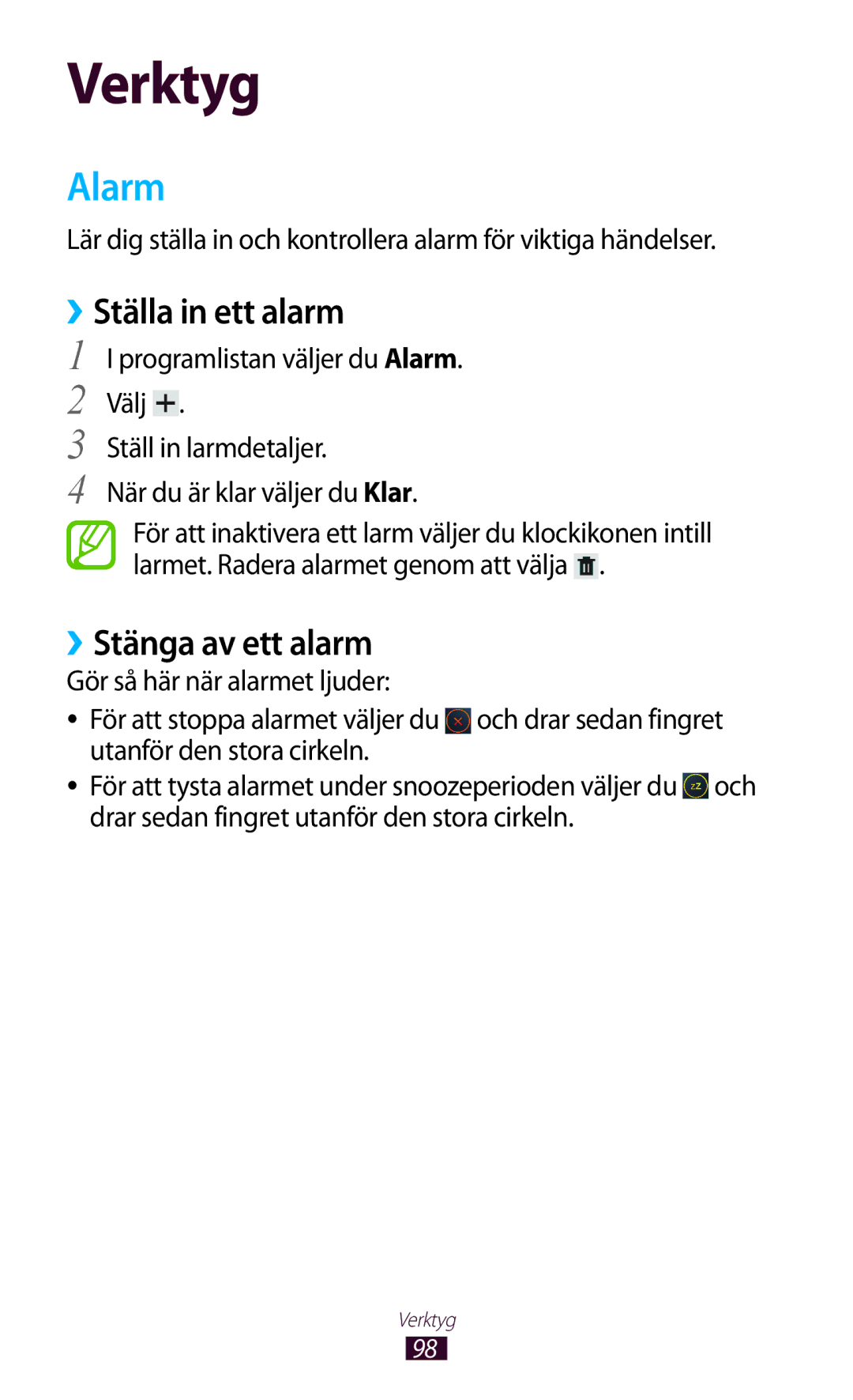 Samsung GT-P3110GRANEE, GT-P3110TSANEE, GT-P3110ZWANEE manual Alarm, ››Ställa in ett alarm, ››Stänga av ett alarm 