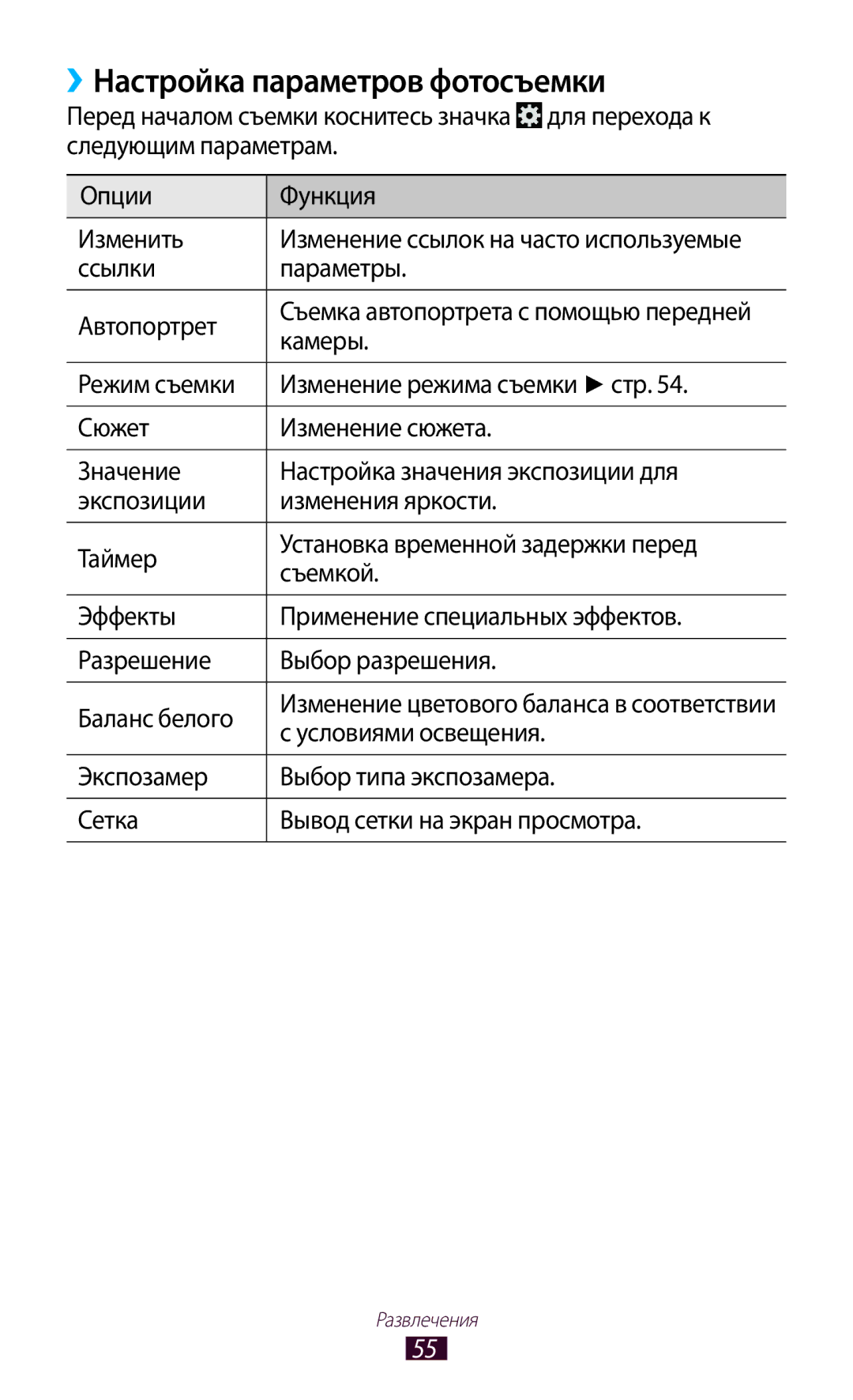 Samsung GT-P3110ZWASEB manual ››Настройка параметров фотосъемки, Ссылки Параметры Автопортрет, Камеры, Условиями освещения 