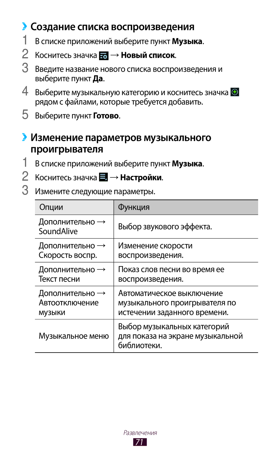 Samsung GT-P3110ZWASER ››Создание списка воспроизведения, ››Изменение параметров музыкального проигрывателя, Библиотеки 