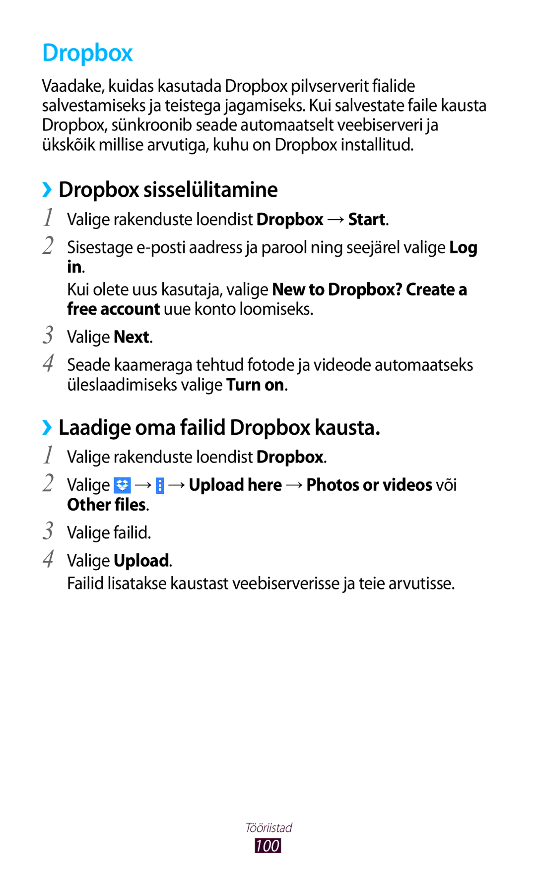 Samsung GT-P3110TSASEB, GT-P3110ZWASEB manual ››Dropbox sisselülitamine, Laadige oma failid Dropbox kausta, Other files 