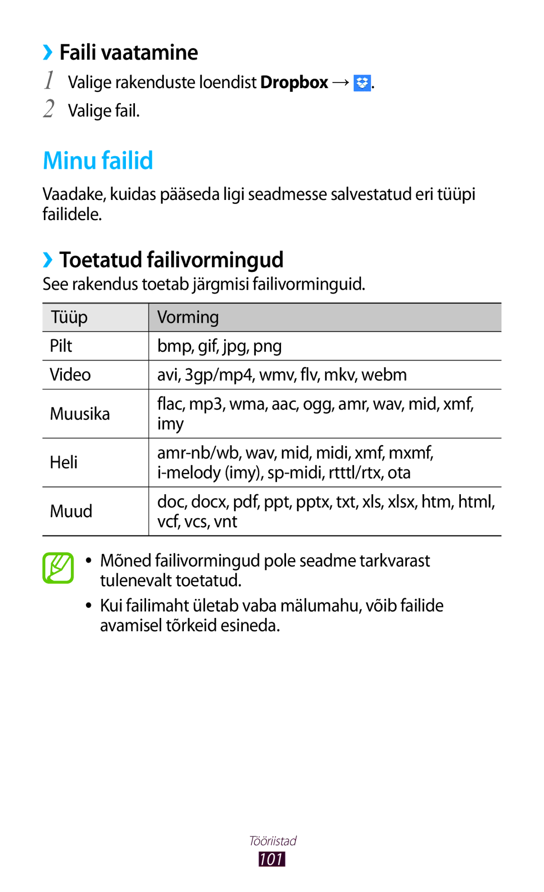 Samsung GT-P3110ZWASEB, GT-P3110TSASEB manual Minu failid, ››Faili vaatamine, ››Toetatud failivormingud, Imy 