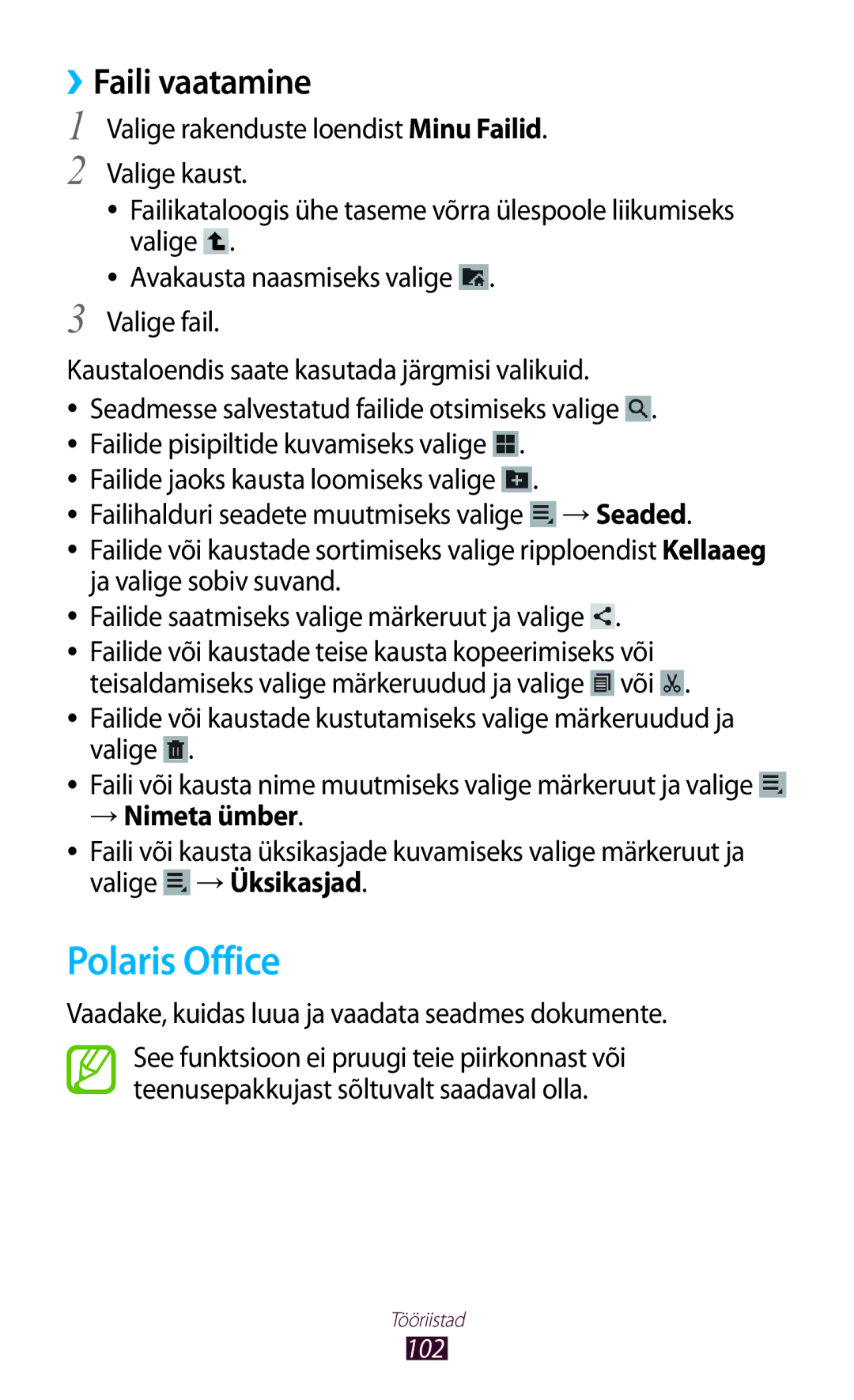 Samsung GT-P3110TSASEB, GT-P3110ZWASEB Polaris Office, → Nimeta ümber, Vaadake, kuidas luua ja vaadata seadmes dokumente 