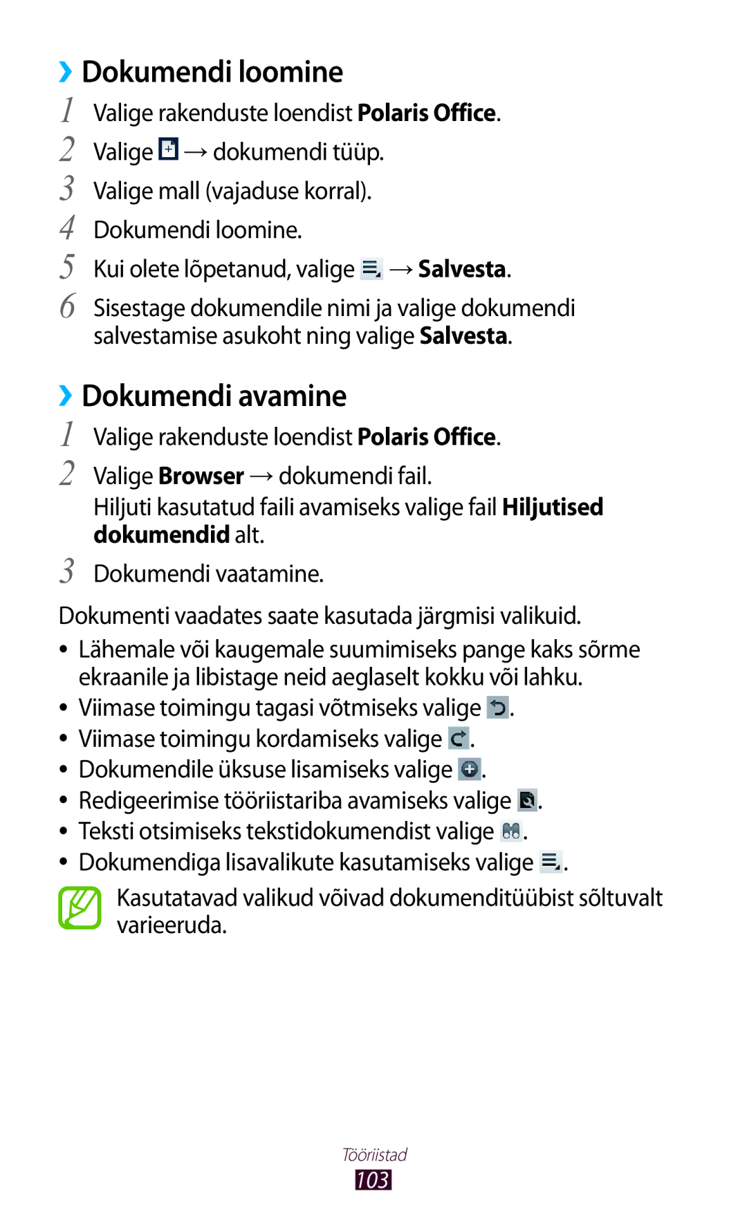 Samsung GT-P3110ZWASEB, GT-P3110TSASEB manual Dokumendi loomine, Dokumendi avamine, Dokumendid alt 