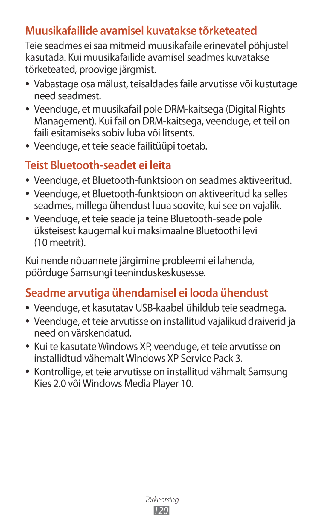 Samsung GT-P3110TSASEB manual Muusikafailide avamisel kuvatakse tõrketeated, Veenduge, et teie seade failitüüpi toetab 