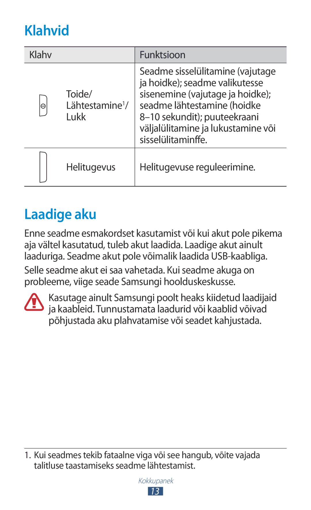 Samsung GT-P3110ZWASEB, GT-P3110TSASEB manual Klahvid, Laadige aku 