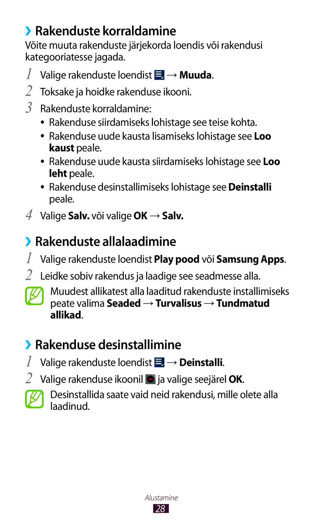 Samsung GT-P3110TSASEB, GT-P3110ZWASEB ››Rakenduste korraldamine, ››Rakenduste allalaadimine, ››Rakenduse desinstallimine 