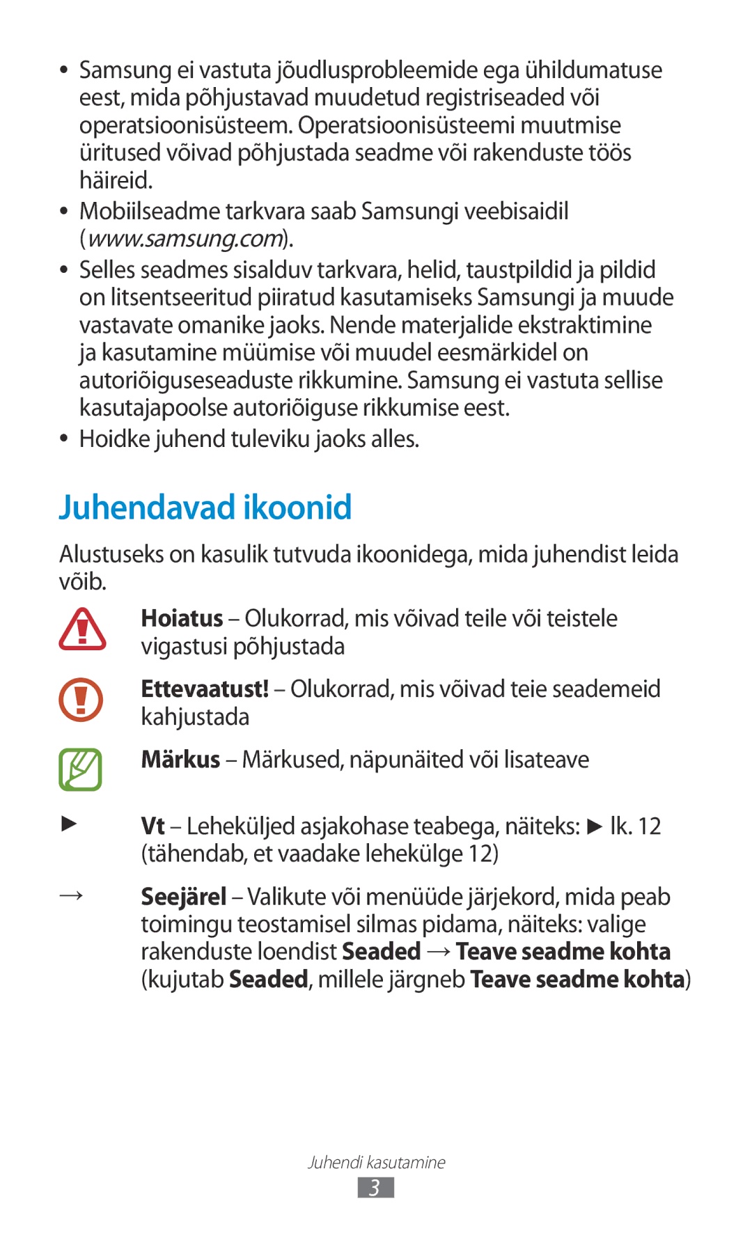 Samsung GT-P3110ZWASEB, GT-P3110TSASEB manual Juhendavad ikoonid, Hoidke juhend tuleviku jaoks alles 