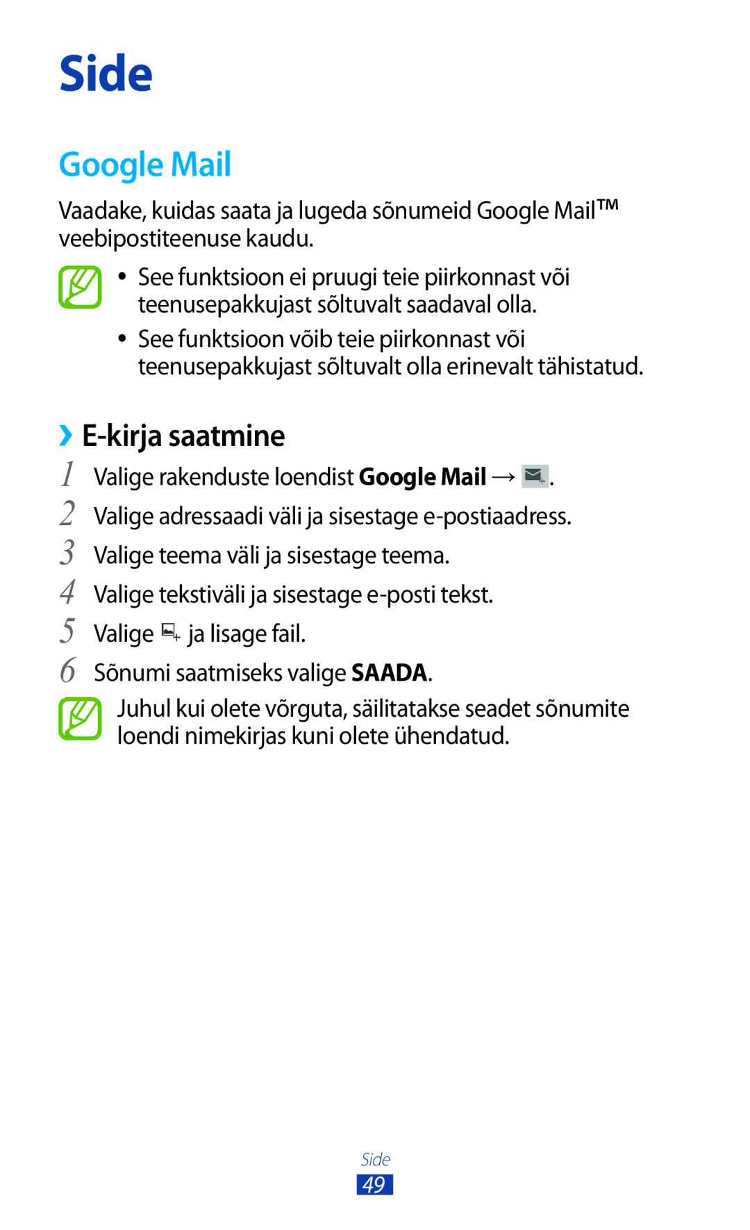 Samsung GT-P3110ZWASEB, GT-P3110TSASEB manual Google Mail, ››E-kirja saatmine 