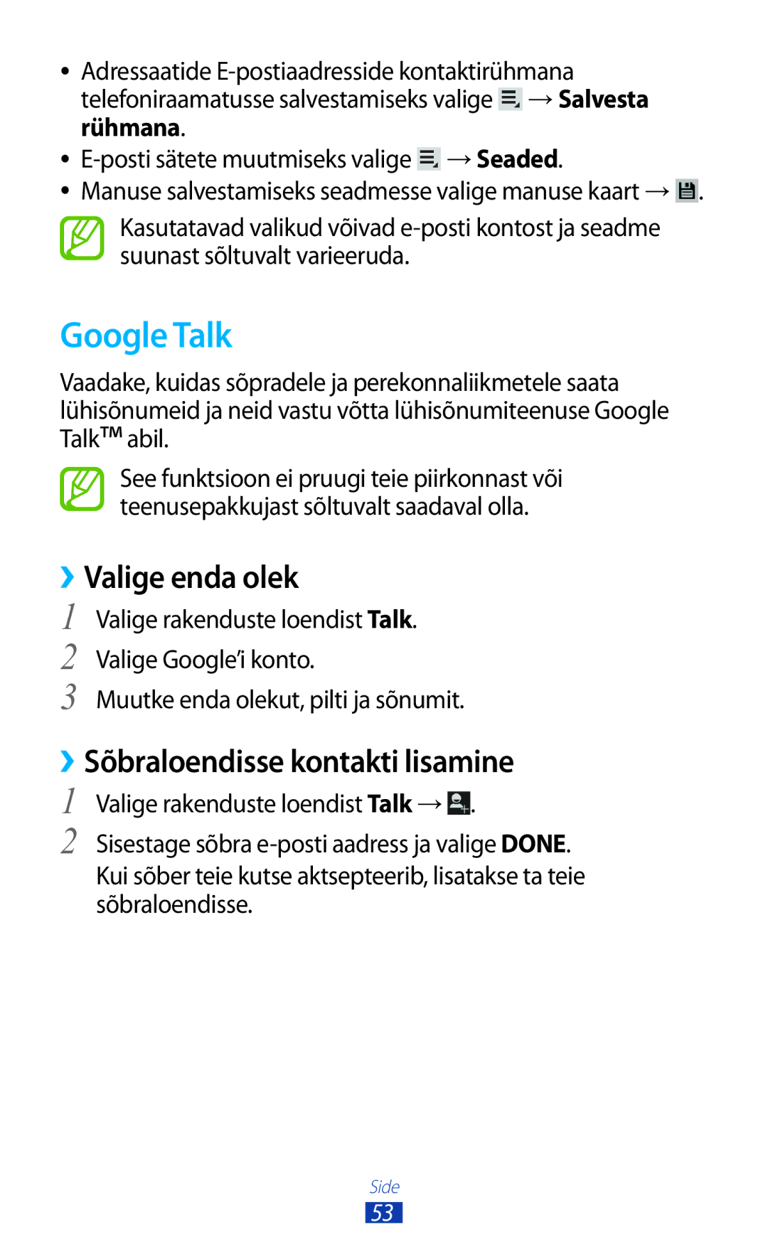 Samsung GT-P3110ZWASEB, GT-P3110TSASEB manual Google Talk, ››Valige enda olek, ››Sõbraloendisse kontakti lisamine 