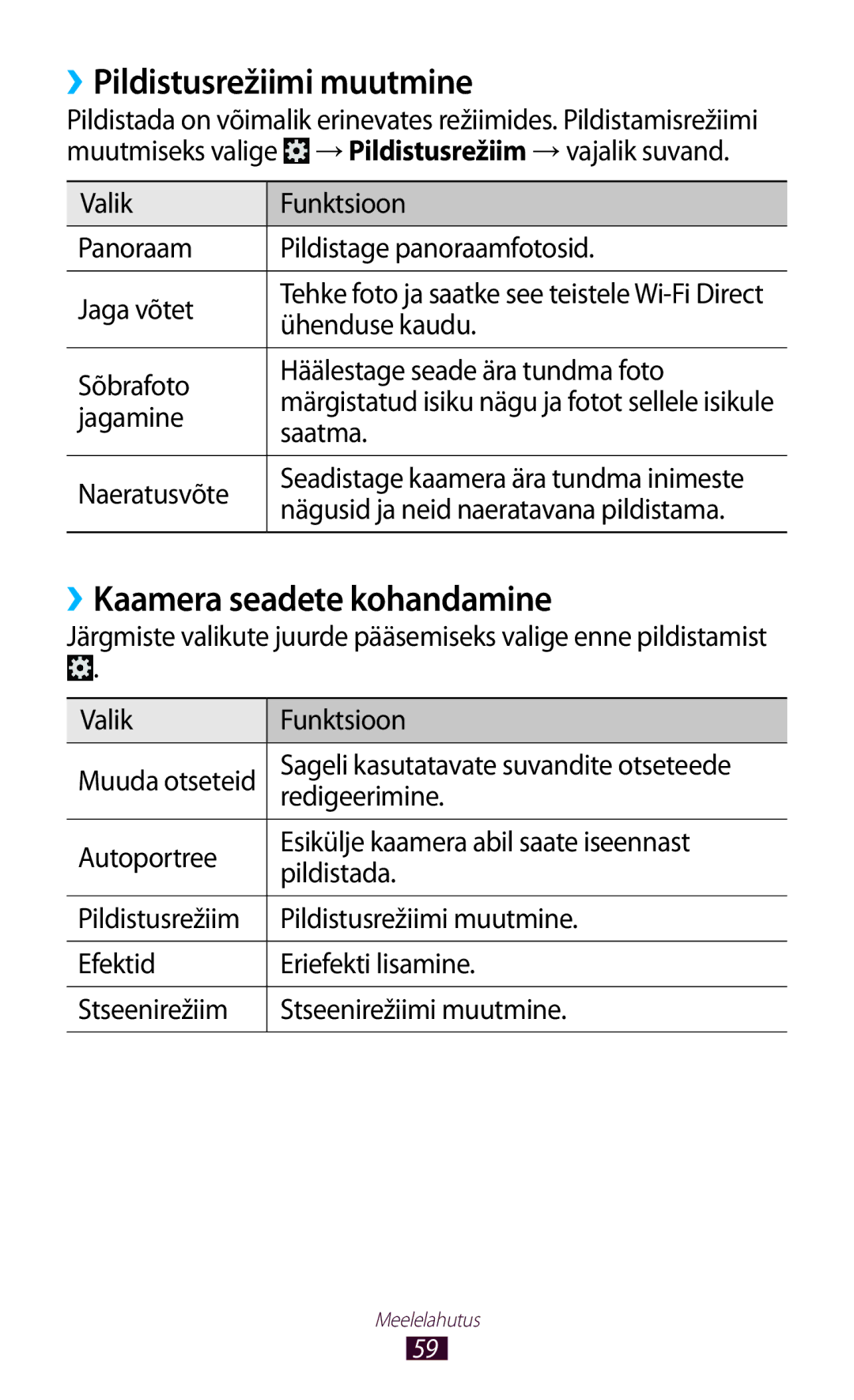 Samsung GT-P3110ZWASEB, GT-P3110TSASEB manual ››Pildistusrežiimi muutmine, ››Kaamera seadete kohandamine 