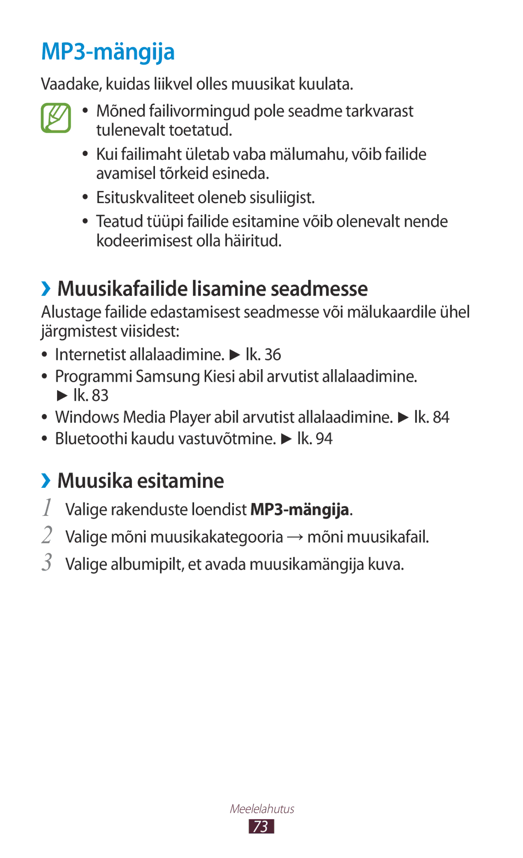 Samsung GT-P3110ZWASEB, GT-P3110TSASEB manual MP3-mängija, ››Muusikafailide lisamine seadmesse, ››Muusika esitamine 