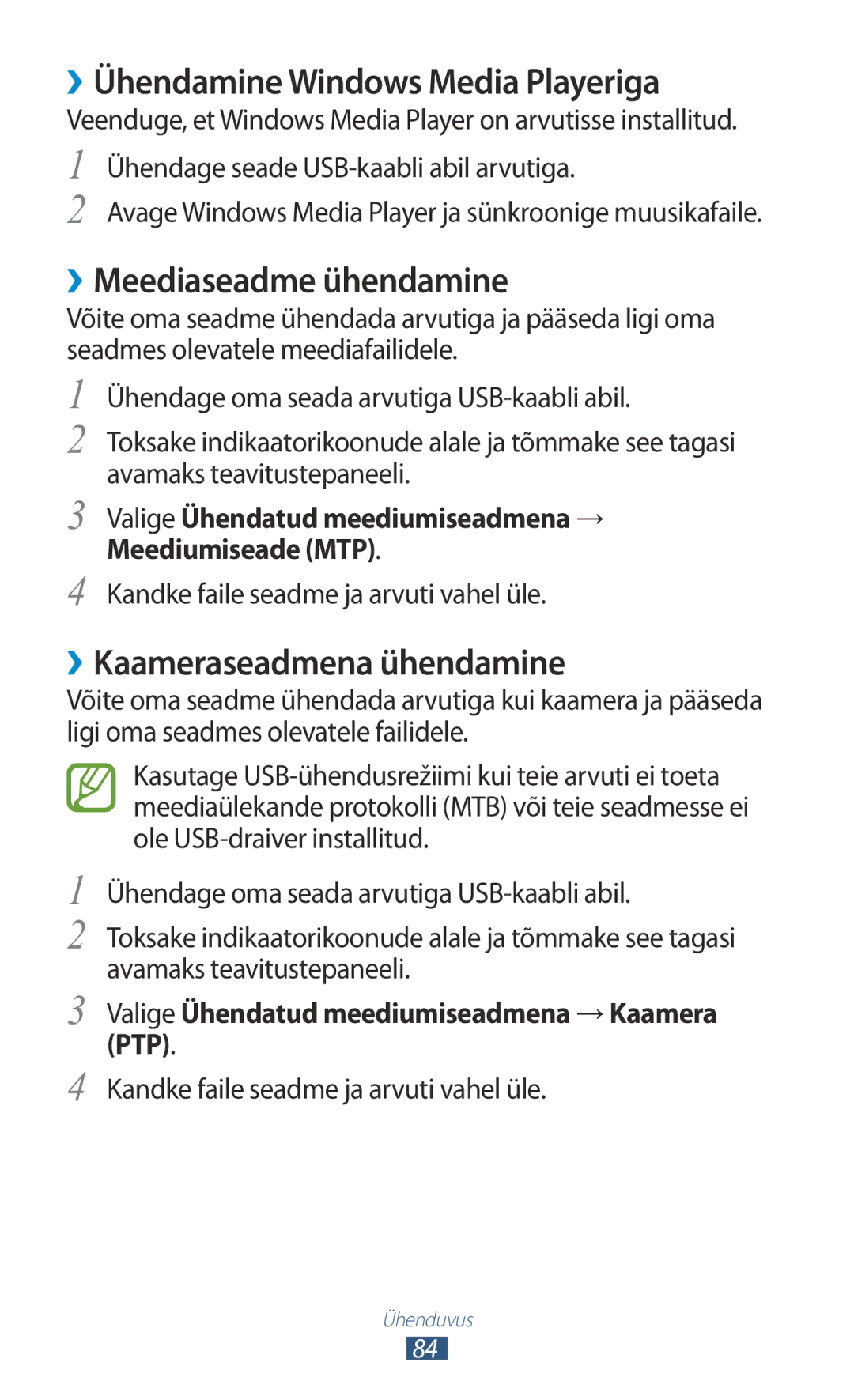 Samsung GT-P3110TSASEB manual ››Ühendamine Windows Media Playeriga, ››Meediaseadme ühendamine, ››Kaameraseadmena ühendamine 