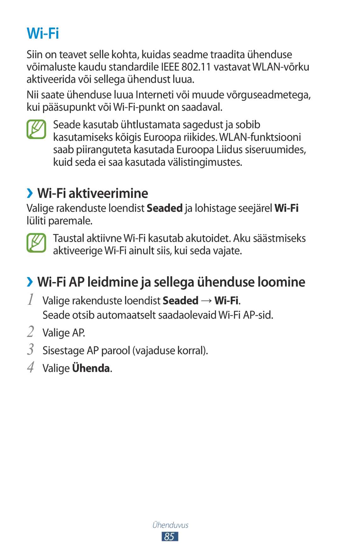 Samsung GT-P3110ZWASEB, GT-P3110TSASEB manual ››Wi-Fi aktiveerimine 