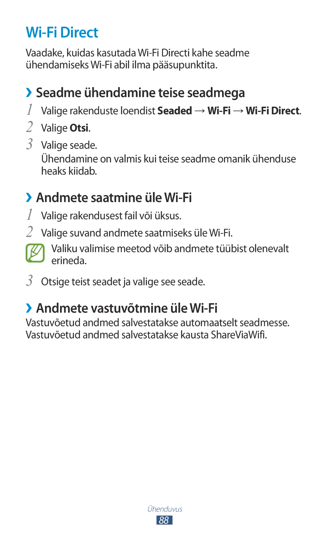 Samsung GT-P3110TSASEB, GT-P3110ZWASEB manual Wi-Fi Direct, ››Seadme ühendamine teise seadmega, ››Andmete saatmine üle Wi-Fi 