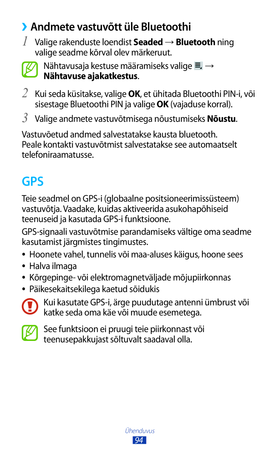 Samsung GT-P3110TSASEB, GT-P3110ZWASEB manual Gps, ››Andmete vastuvõtt üle Bluetoothi 