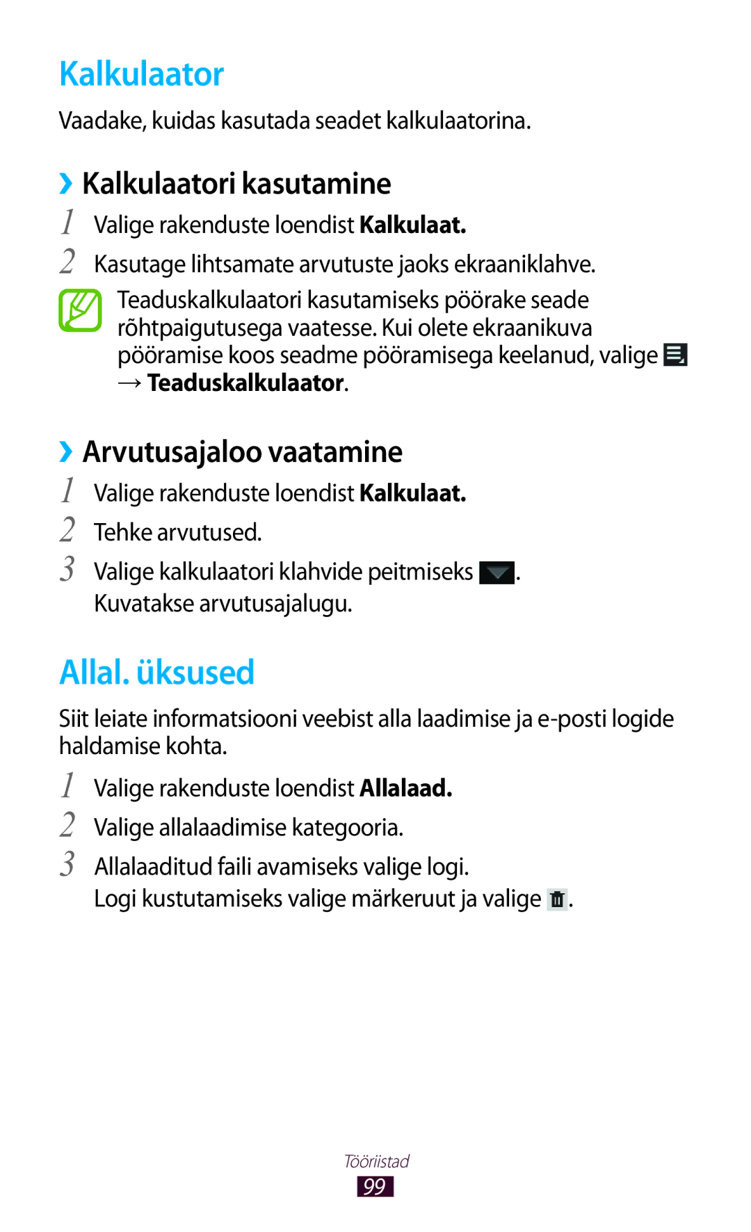 Samsung GT-P3110ZWASEB manual Allal. üksused, ››Kalkulaatori kasutamine, ››Arvutusajaloo vaatamine, → Teaduskalkulaator 