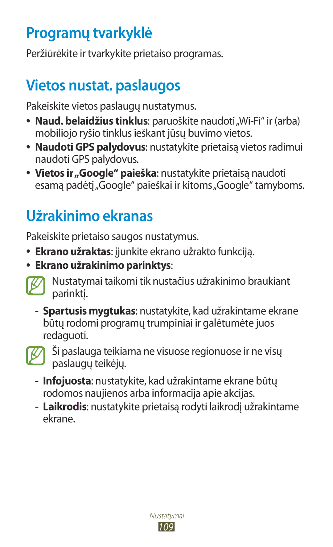 Samsung GT-P3110ZWASEB, GT-P3110TSASEB manual Programų tvarkyklė, Vietos nustat. paslaugos, Užrakinimo ekranas 